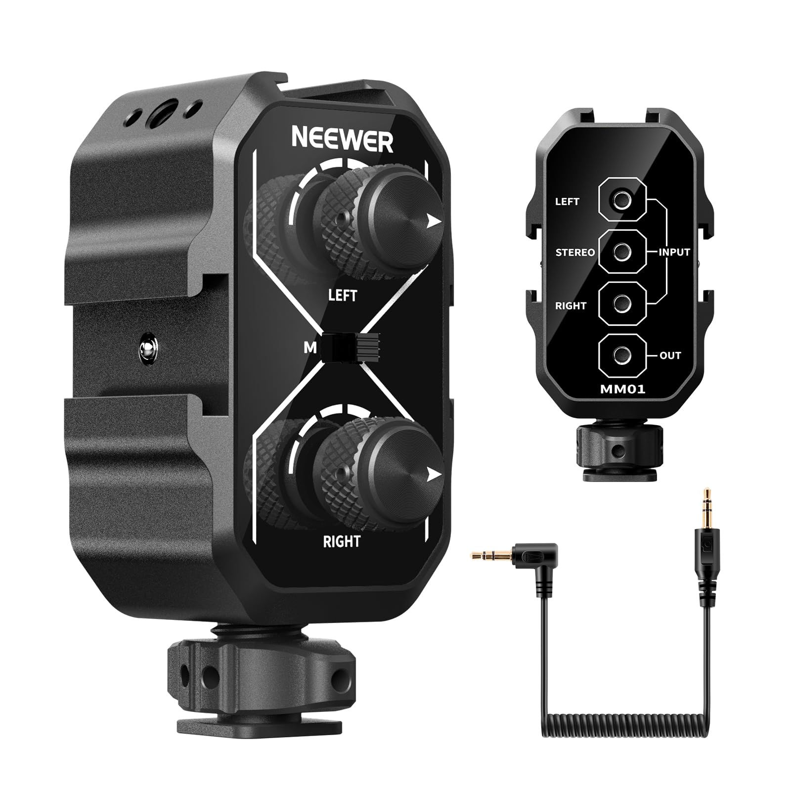 NEEWER MM01 デュアルチャンネル マイクオーディオミキサーアダプター コールドシューマウント 3.5mm TRSケーブル付き ステレオ/モノラルスイッチ DSLRカメラ/スマホ用 バッテリー駆動マイク専用 ビデオ録画用
