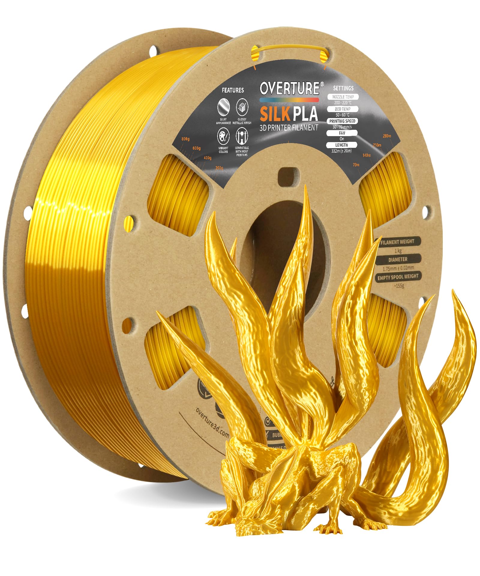 OVERTURE Silk PLA 1.75mm 詰まり防止光沢 3Dプリンターフィラメント、1kg スプール (2.2ポンド)、寸法..