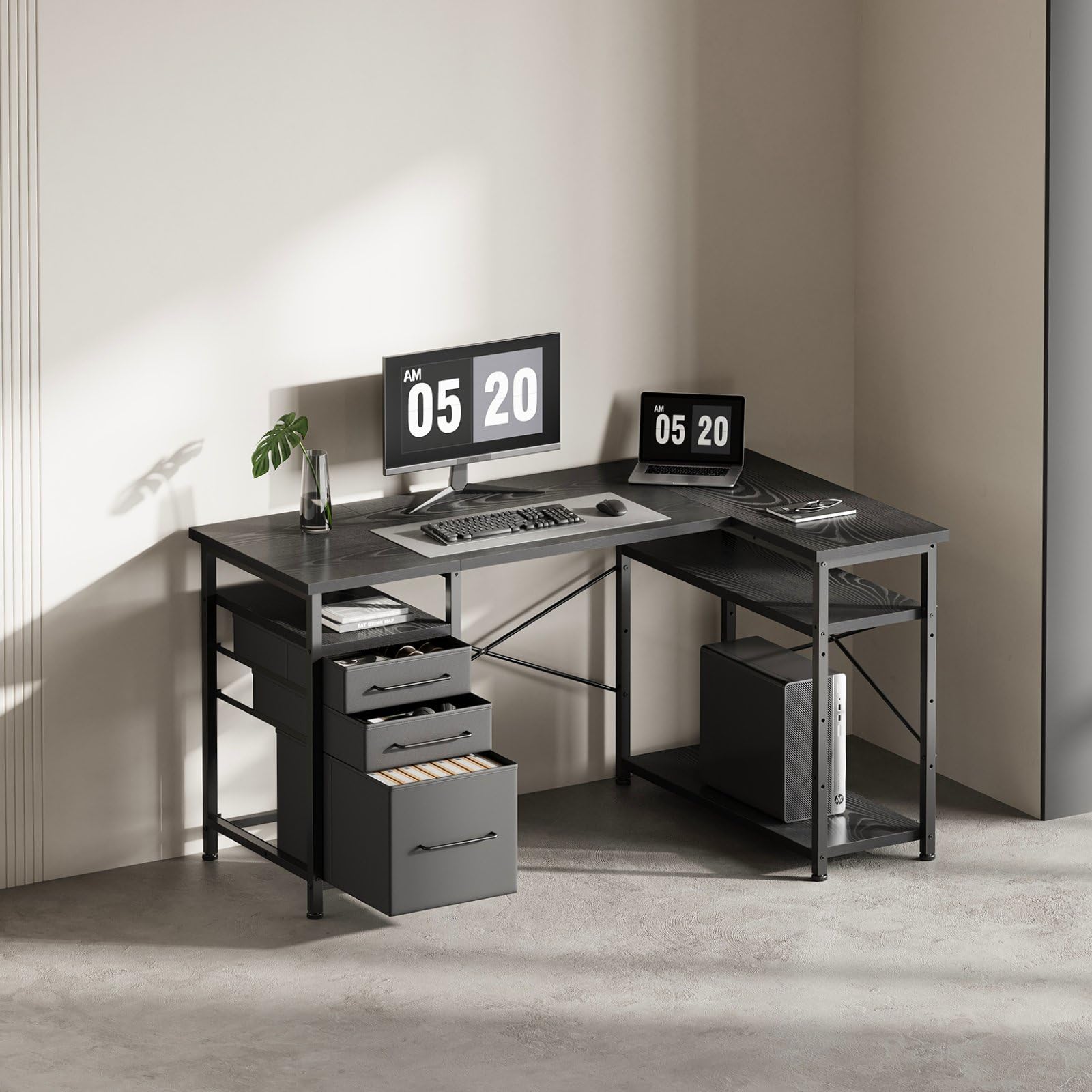 Maihail ゲーミングデスク パソコンデスク l字デスク 机 勉強机 学習机 右棚左棚 幅120cm pcデスク コーナーデスク 本棚付き 引き出し付き 幅120cm ブラック