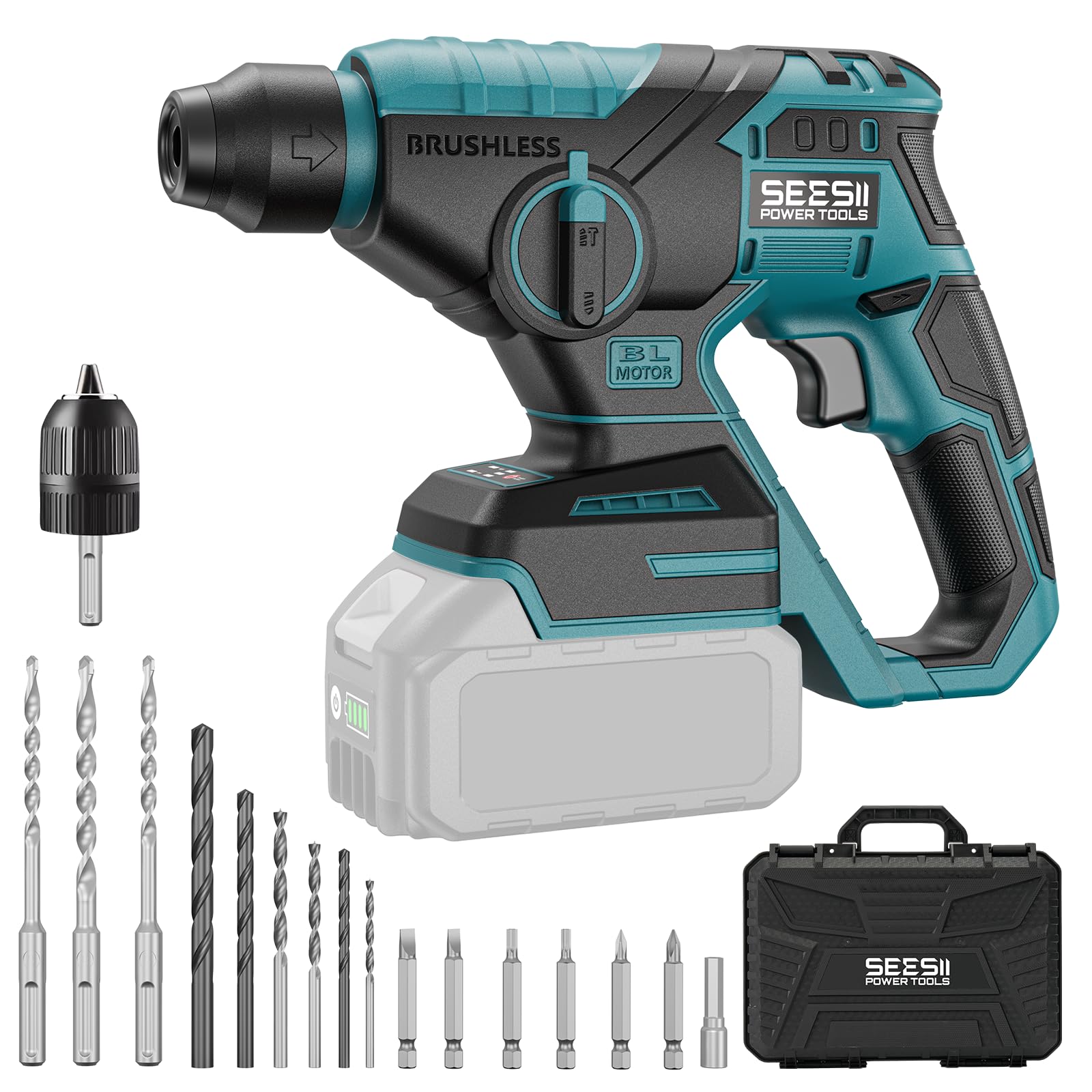 【2025年最新型】 SEESII 電動ハンマードリル 18V充電式 コードレスブラシレスモーター 正逆転機能付き..
