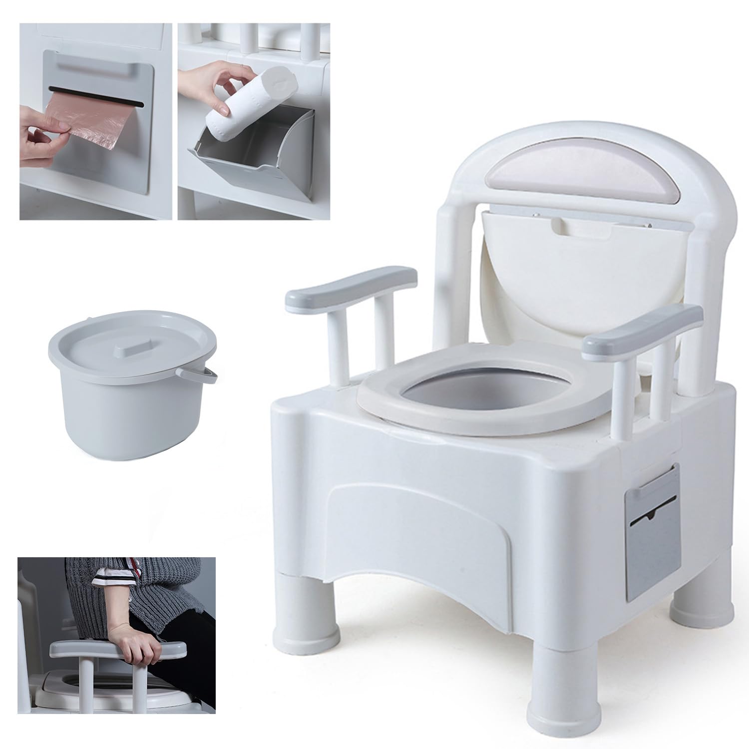 BQKOZFIN 簡易トイレ介護用 ポータブルトイレ 多機能 洋式トイレ 手すり付き蓋付き自家ベッド横仮設ト..