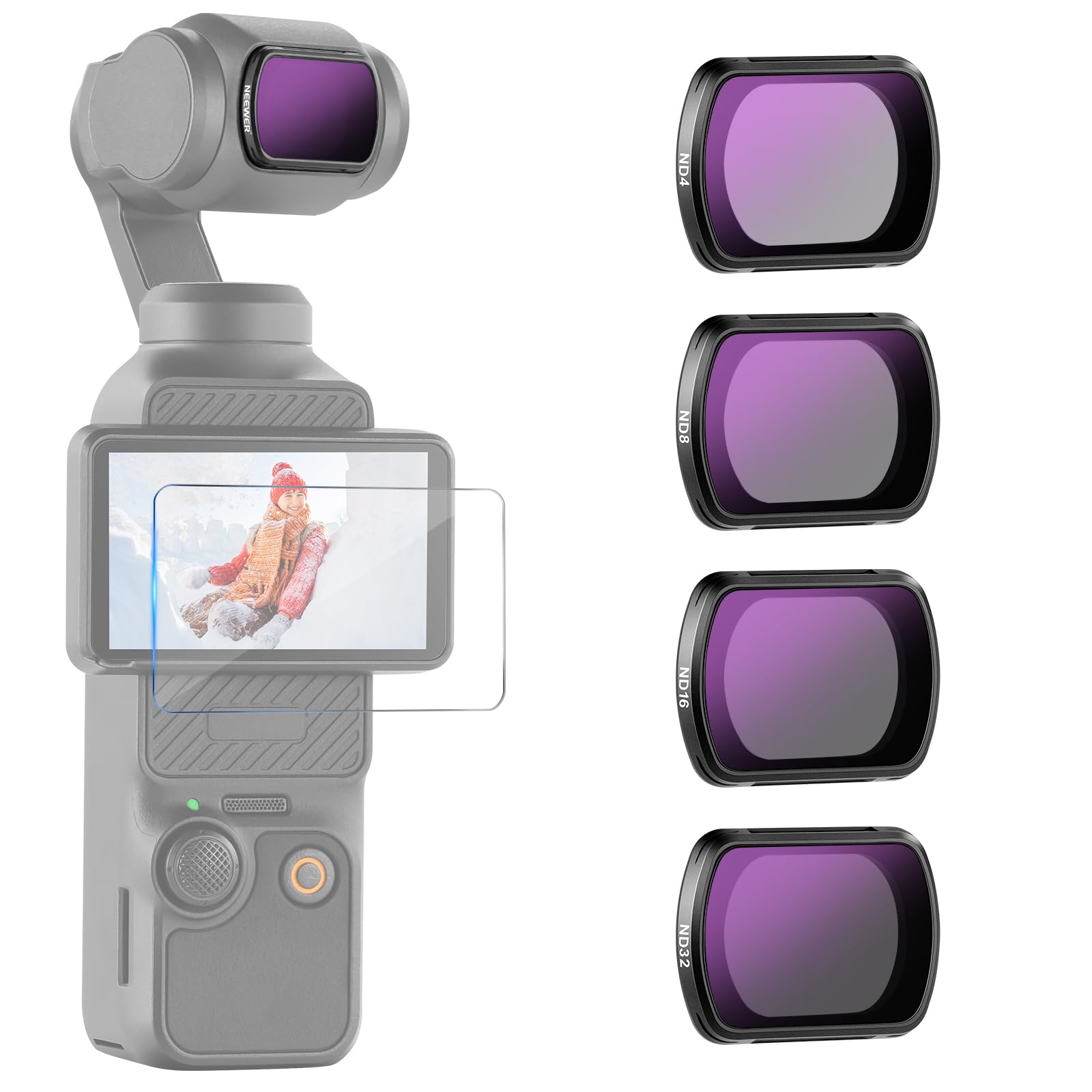 NEEWER マグネットNDフィルターセット コンパチブル Pocket 3 4枚入り:ND4/ND8/ND16/ND32 減光フィルター 多層コーティング HD光学ガラス アクションカメラフィルター コンパチブル Osmo Pocket 3 Creato