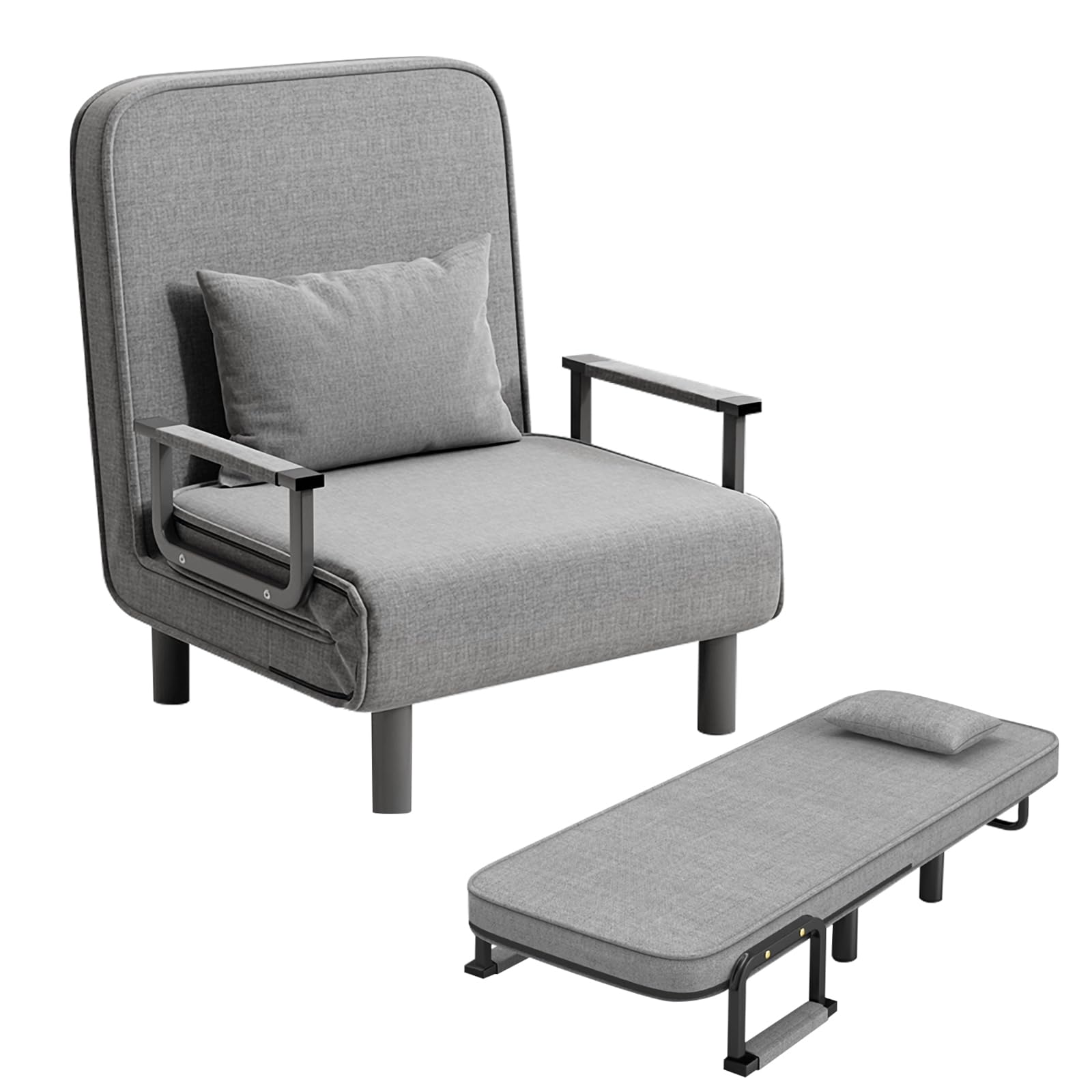 Fainyearnソファーベッド 折りたたみ 3WAY 1人掛け 幅80cm クッション付 ローソファ フロアソファー 折りたたみベッド 一人暮らし ファブリック ひじ掛け付き 6段階リクライニング (グレー, 80cm)
