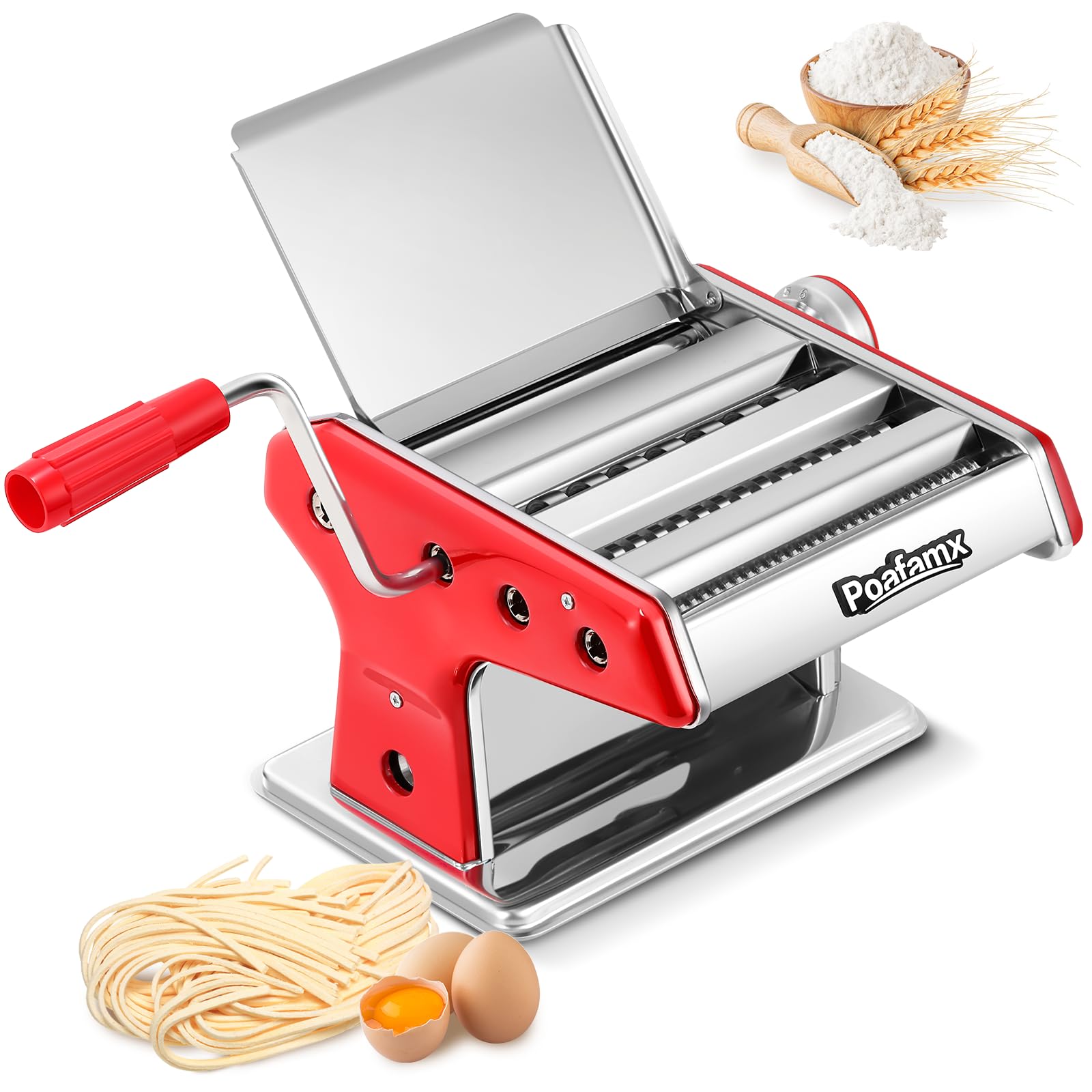 Poafamx パスタマシン 手動 2カッター 2/4.5/8mm 6段階厚み調整 製麺機 ステンレス鋼 うどん/スパゲテ..