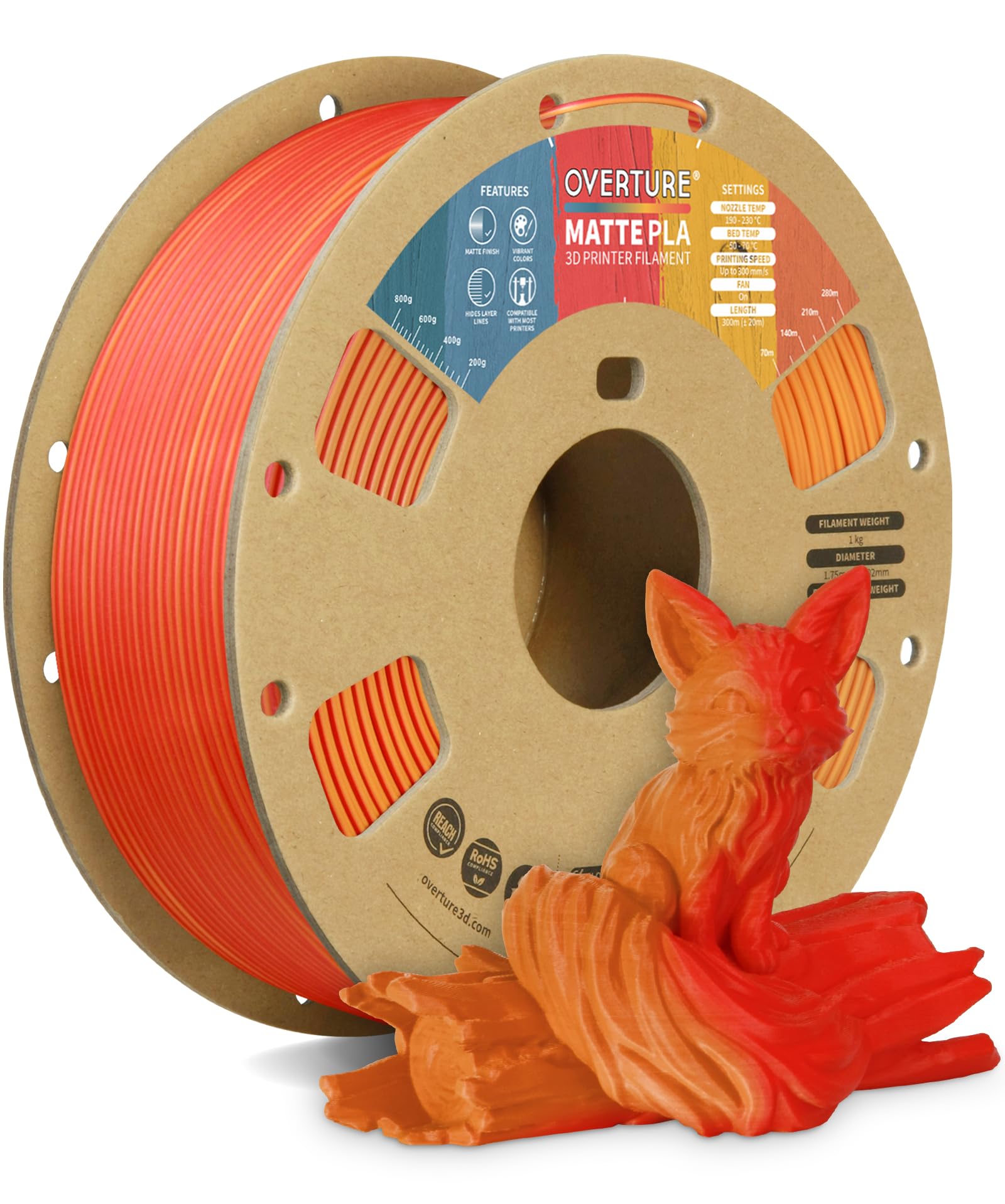 OVERTURE マット PLA フィラメント素材 1.75mm アップグレード版 3Dプリンター フィラメント, マット PLA 1KG スプール (2.2 LBS) Matte PLA フロステッドテクスチャー (マットオレンジレッド)