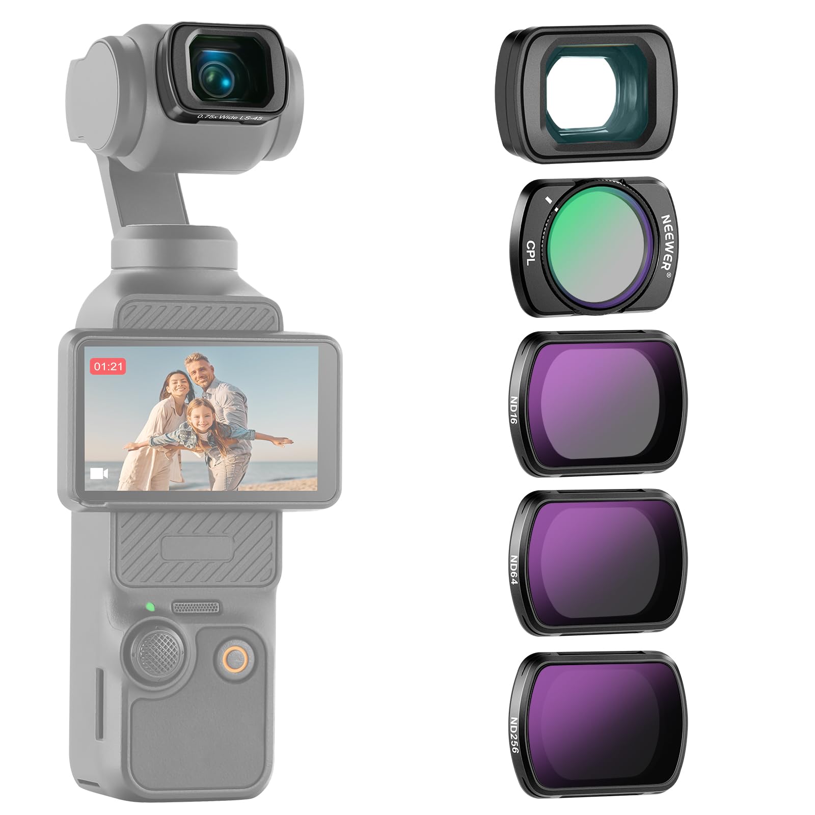 NEEWER NDフィルターセット(4枚)&0.75X広角レンズ コンパチブル DJI Osmo Pocket 3 Creator Combo 108° FOV ND16 ND64 ND256 CPLフィルター スクリーンプロテクター付き 円偏光フィルター