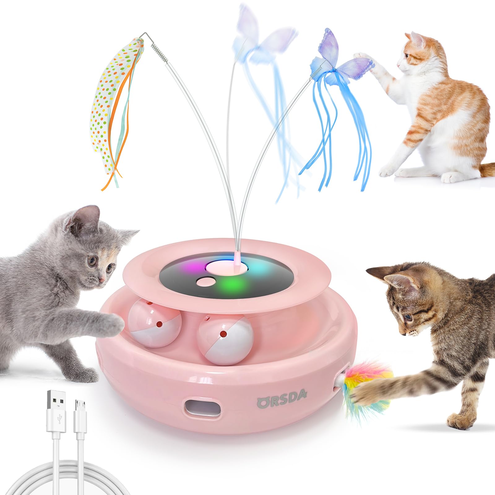 猫おもちゃ 電動 ORSDA 猫じゃらし 自動 猫ボール 3in1一体式 6本取り替え天然羽根付 2000mAh Type-C 充電式電源 手作りの蝶々一人遊び猫おもちゃ自動 寂しさ解消/運動不足対策 狩猟天性満足 猫大興奮 (ピンク)