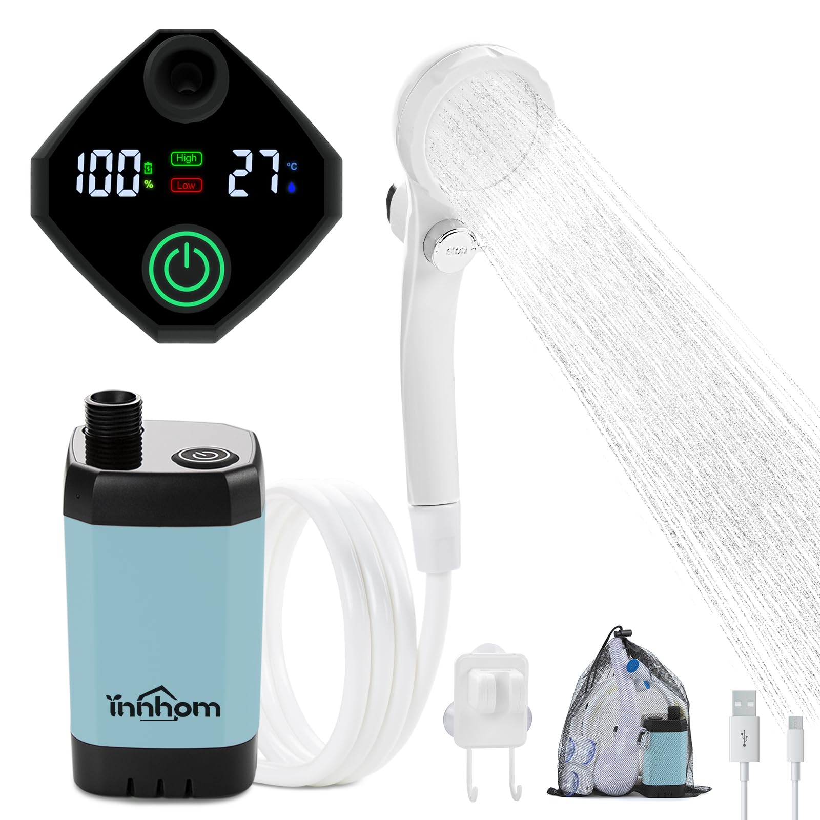 楽天SelectSHOP 岐阜 楽天市場店innhom ポータブルシャワー アウトドア 6000mAh 二つ出水モード 手元止水 水流量無段階調節 USB充電式 電動シャワー 節水 簡易 浴槽から汲み上げ 屋内 屋外 軽量 サーフィン 海水浴 キャンプ 釣り 旅行 水遣り 洗車 植物潅水 防災 ブ