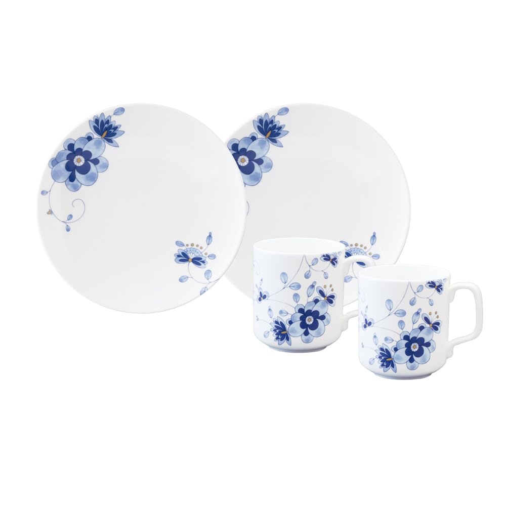 NARUMI(ナルミ) 食器セット ミラノ・デュオ ブルー 花柄 2柄セット 梅の花 更紗調 結婚祝い プレゼント 電子レンジ温め 食洗機対応 ギフトボックス付...