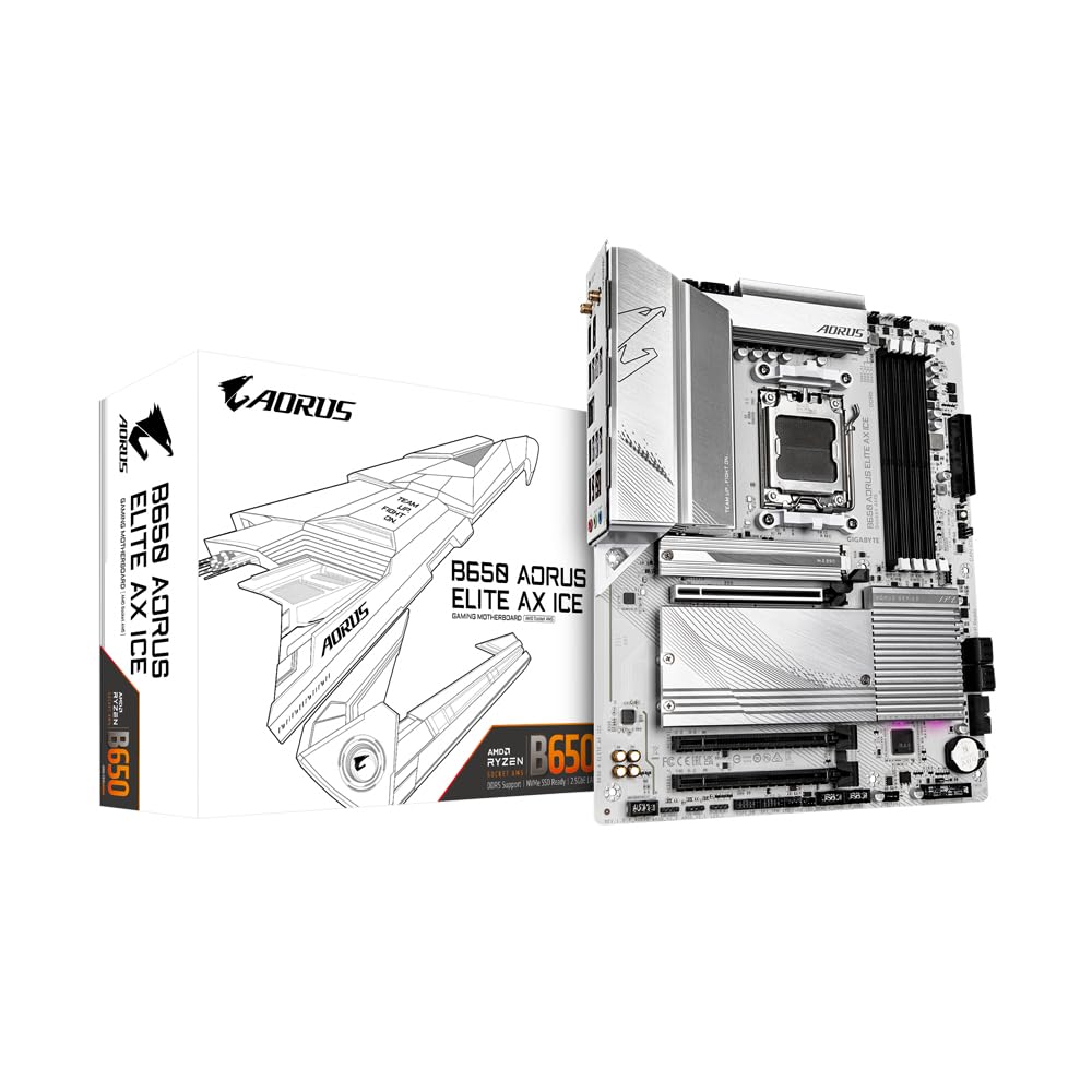 Gigabyte B650 AORUS ELITE AX ICE AMD AM5ソケットマザーボード、ATX、DDR5スロット4つ、M.2ソケット3つ、USB-Cポート2つ、フィットI/Oシールド、2.5GbE LAN、Wi-Fi 6E、ディスプレイポート