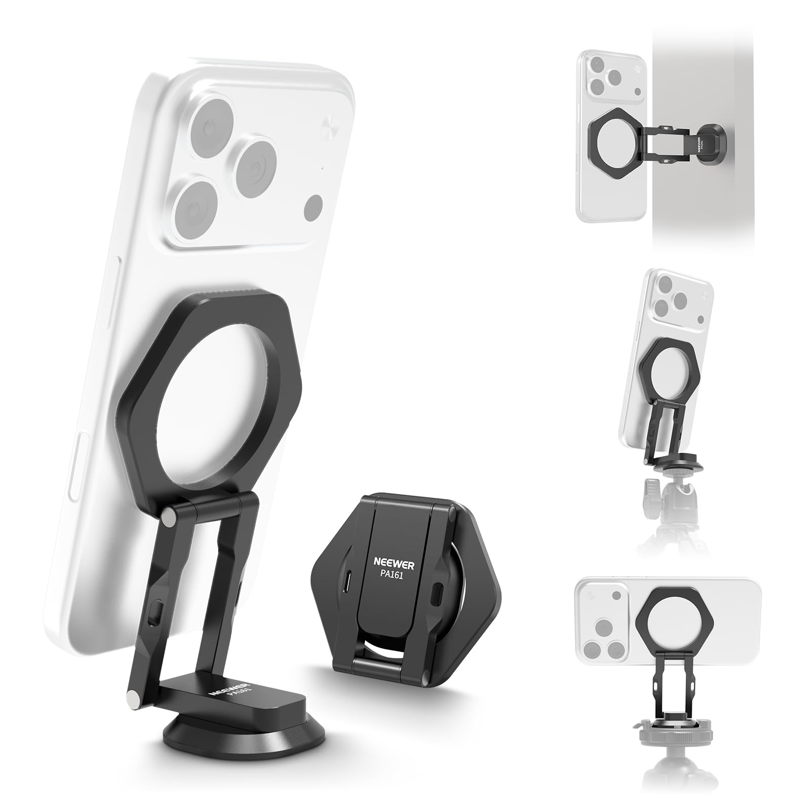 NEEWER デュアルマグネット式スマホホルダー アルカスイス互換ベース付き 両面磁気吸着 三脚マウント アルミ製 調整可能 スマホ用アタッチメント MagSafe iPhone/Android対応 ビデオ撮影用 PA161