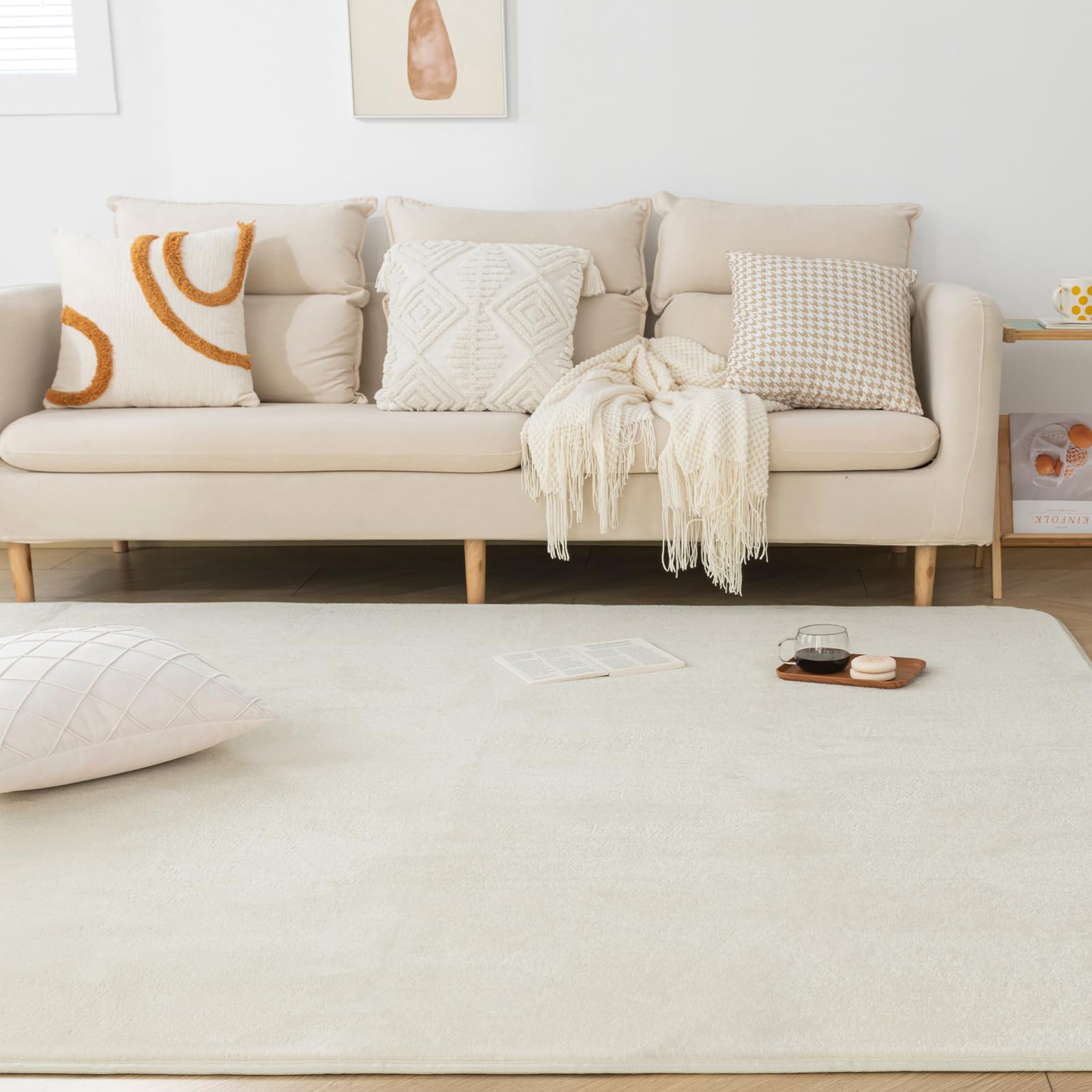 Keusnix ラグ カーペット 低反発 ラグマット 絨毯 4.5畳 滑り止め付 厚手 15mm 200x300cm リビングマット オールシーズン快適 ふわふわ肌触り 抗菌・防ダニ加工 こたつマット 床暖房・ホットカーペット対応 アイボリー