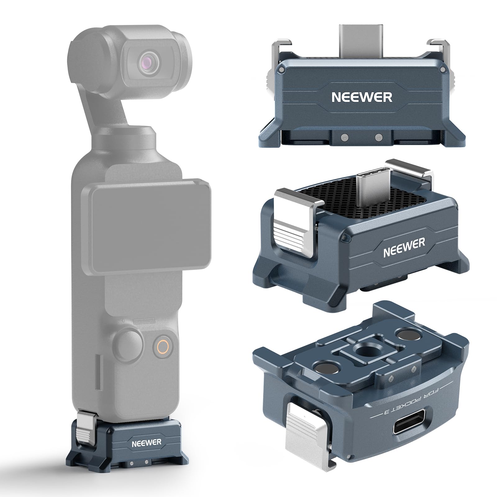 NEEWER 充電アダプターベース コンパチブル Osmo Pocket 3 ジンバル 充電ドックマウント タイプC充電/1/4"ネジ/アルカ型ダブテール付き マグネット式折りたたみフィンガー 三脚&アクションカメラマウントアクセサリー用 AC018