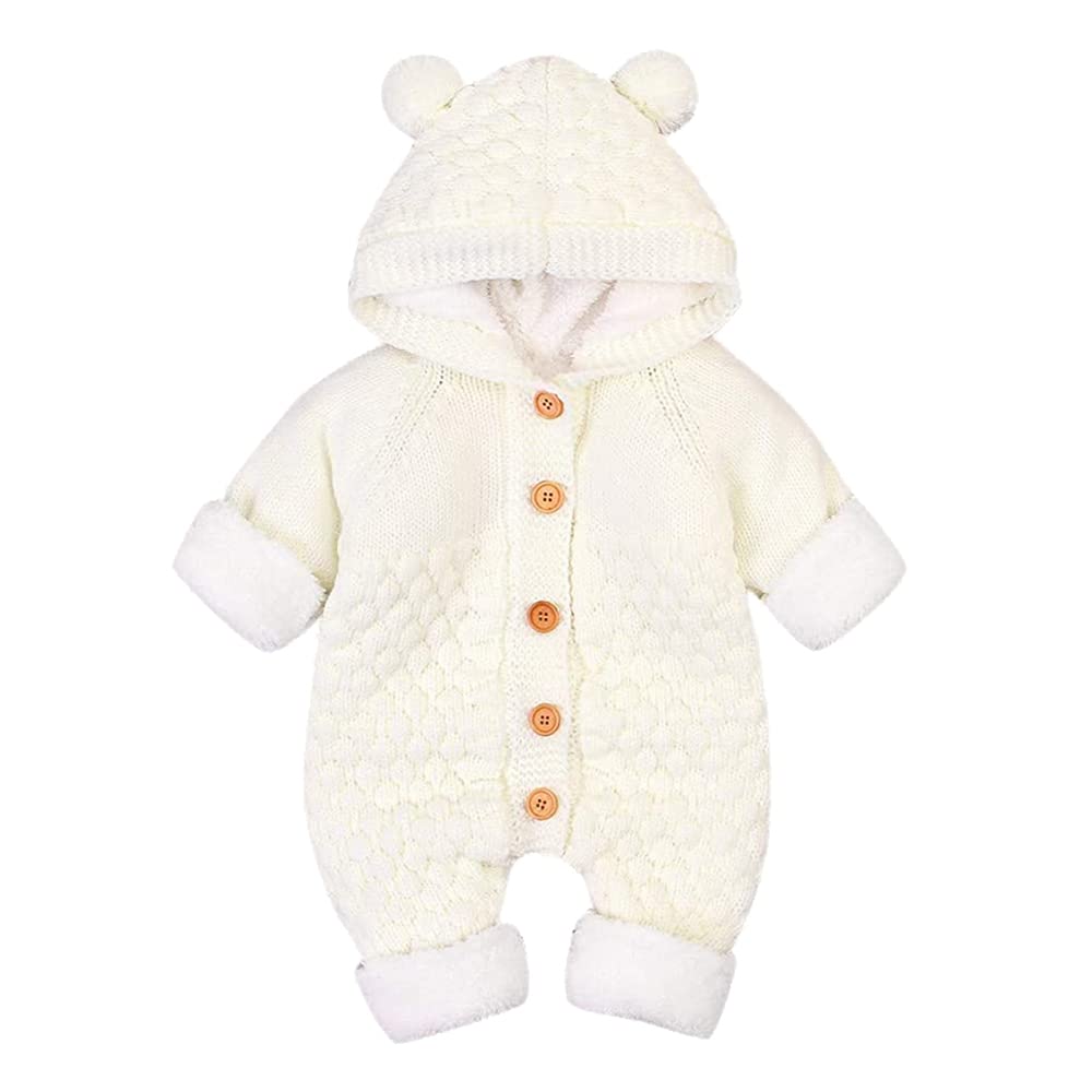 [Mornyray] ベビー服 ロンパース カバーオール ニット 長袖 女の子 男の子 裏ボア 秋冬 フード付き 前開き 赤ちゃん服 可愛い 防寒着 コットン 出産祝い ホワイト 90