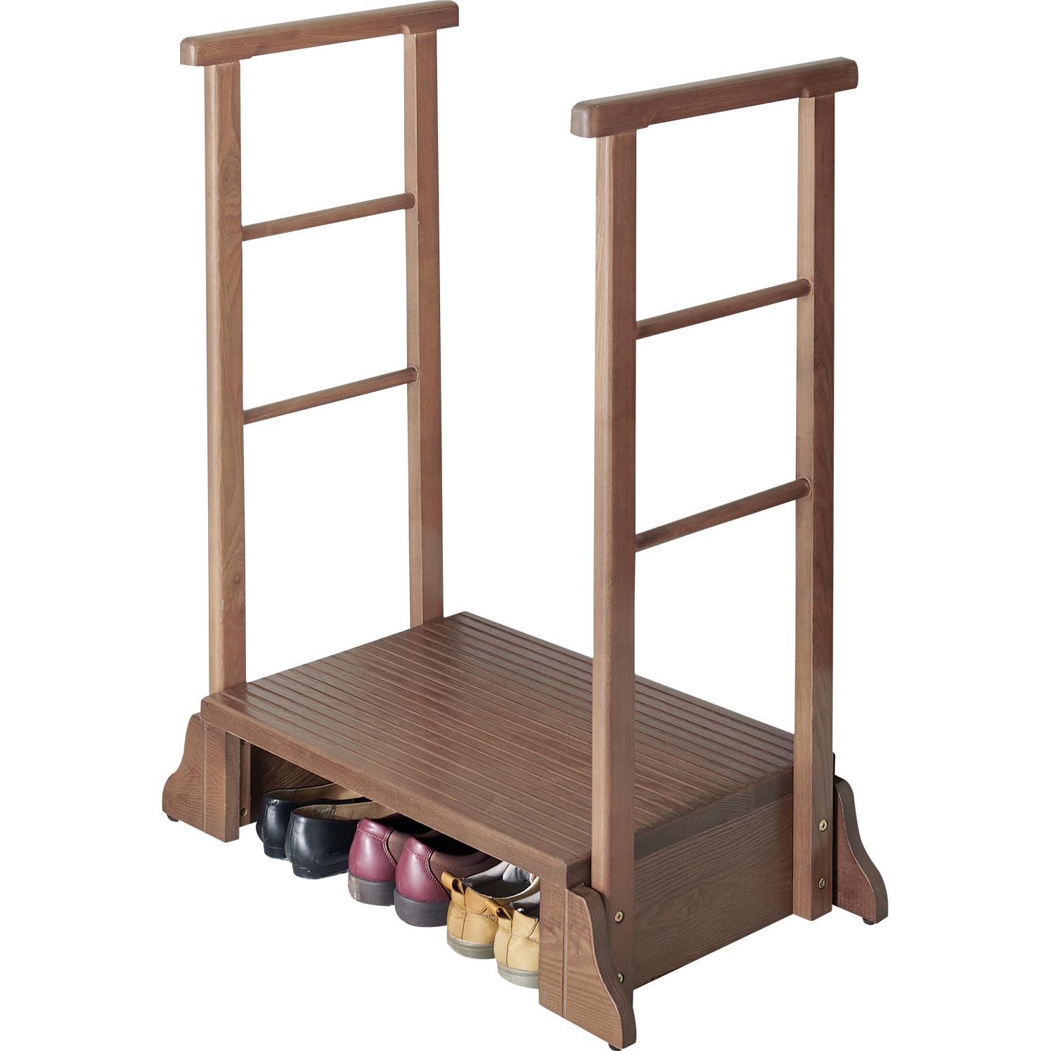 萩原 玄関踏み台 玄関台 手すり付き踏み台 両手すり 頑丈 総無垢材 【安心の耐荷重150kg】 ひざ 腰 負..