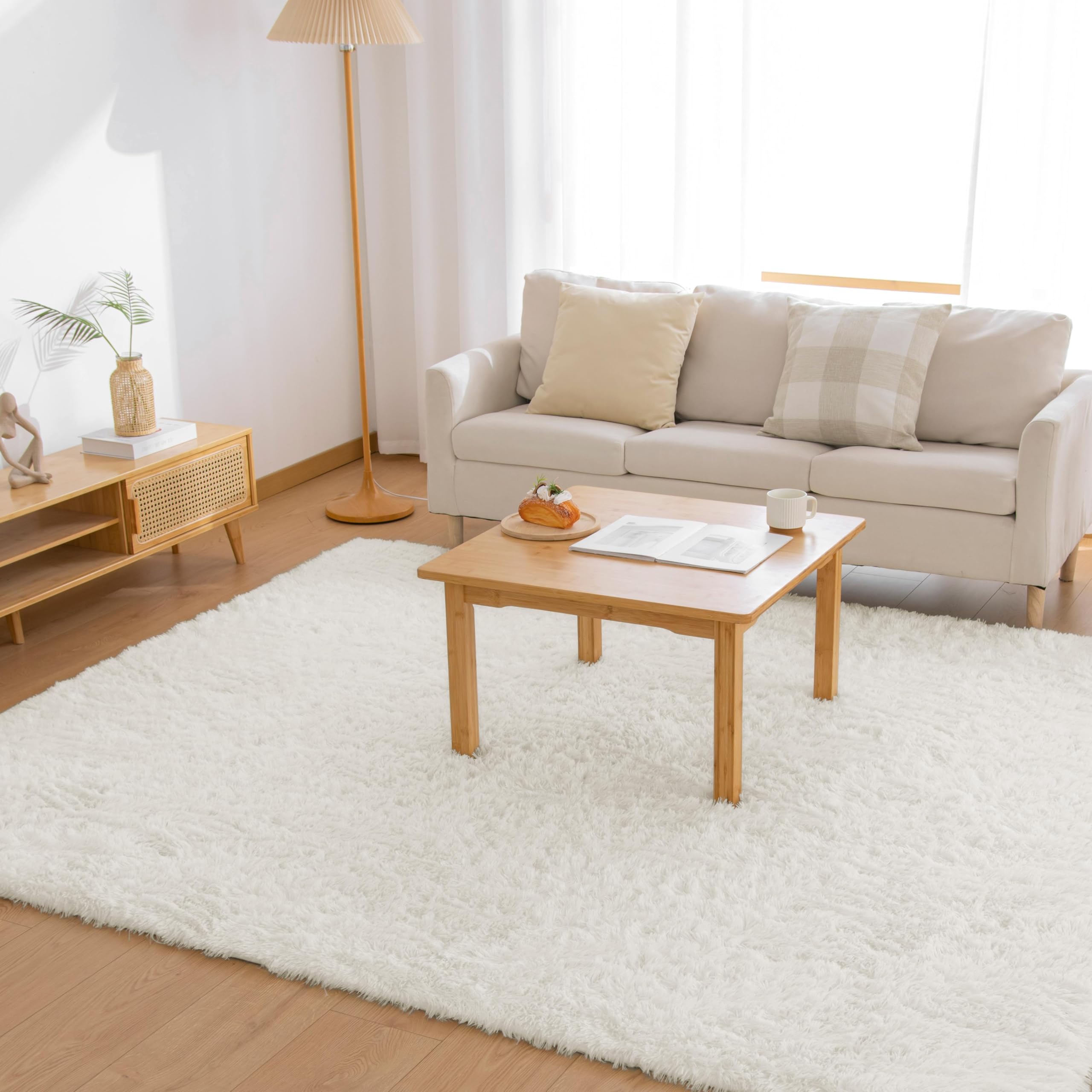 Matdeco ラグ カーペット シャギーラグ 長方形 約1畳（120×160cm） 洗えるラグ ラグマット 滑り止め 防音絨毯 ふわっと手触り オールシーズン リビング用 じゅうたん 柔らかい (ホワイト, 120×160cm)