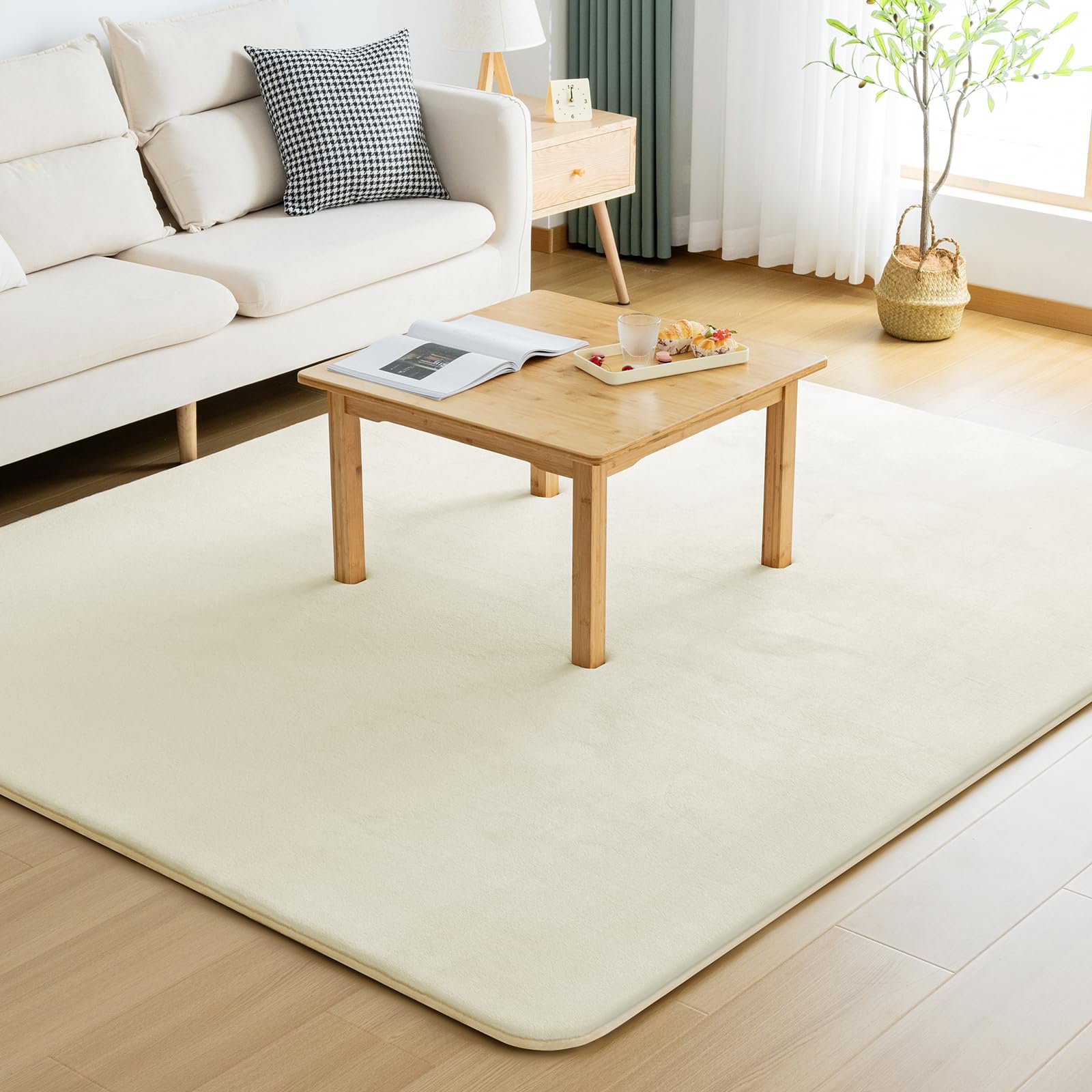 Matdeco 高反発 極厚25mm 防音ラグマット 200×300cm(約4.5畳) 滑り止め付 抗菌防臭防ダニ 床暖房対応 オールシーズン快適 厚手ラグ じゅうたん 絨毯 リビングマット ホットカーペット可 北欧 おしゃれ 無地アイボリー お手入れ簡単