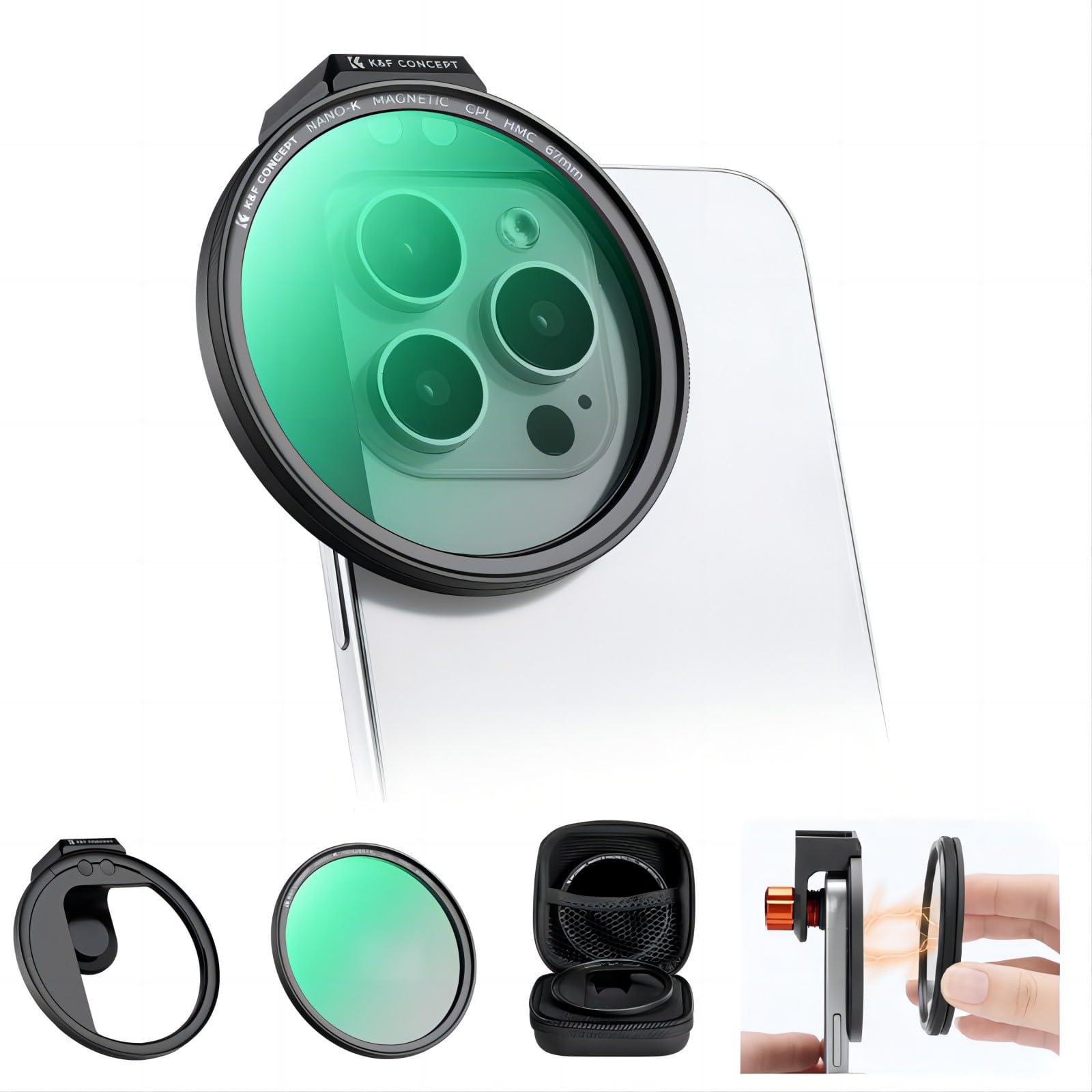 楽天SelectSHOP 岐阜 楽天市場店K&F Concept スマホレンズ マグネット式 CPLフィルター+磁気スマホマウントキット【反射抑え＆色彩向上+日常撮影の強力なサポート】幅広い互換性 67mmフィルター交換可 スマホ用カメラレンズ iPad/iPhone/Androidに対応 磁気式