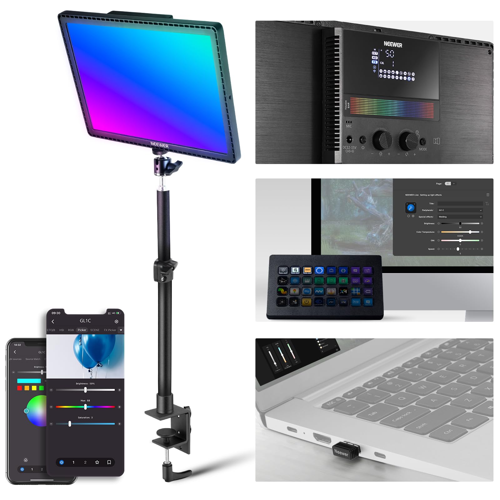 楽天SelectSHOP 岐阜 楽天市場店NEEWER GL1C RGB 15.5インチキーライト 48Wエッジライト ビデオパネルライト LEDソフトライト ストリーミングライト 2.4G PC/Mac iOS/Android APP/WiFi/Stream Deckコントロール タッチバー、2