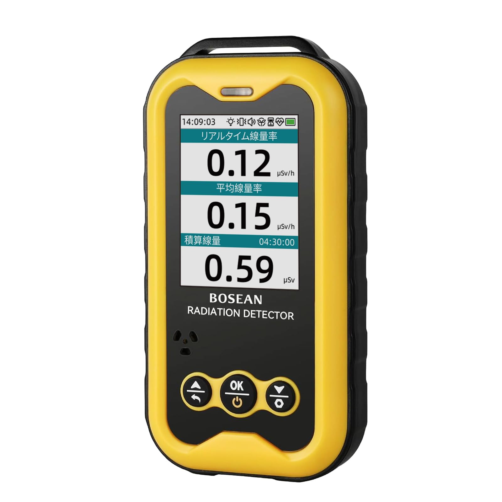 ・・【4つの警報モード＋振動で周囲に気兼ねなく】BOSEAN FS5000は、音声だけでなく「光」「振動」「画面表示」を併用した4重警報を搭載。電車内や図書館など静かな環境ではバイブレーションモードに切り替えれば、周囲に放射線不安を悟られることなく自分だけ確実に検知できます。警報閾値は現在線量と積算線量で個別にカスタム可能。・・ 【PCデータ転送＆タイムリー計測で“見える化”】本体で履歴グラフ表示が可能なだけでなく、PCソフトウェアと連携して詳細な放射線データを管理できます。また、設定した時間ごとに自動記録する「タイムリー計測機能」搭載。最大10,000件の警報記録を保存できるため、変化の推移を科学的に検証したい方に最適です。・・【業界トップクラスの低消費電力＆省エネ設計】消費電力わずか15mw未満の超低電力設計により、省電力モードでは最大30日間の連続動作が可能。単なる「バッテリー持ち」ではなく、災害時や電源が確保できない調査現場でも安心して運用できる長時間駆動を実現しました。・・・【出荷前の厳正な検査体制＆独自開発】弊社が独自に開発・製造するJ321高感度センサーを搭載。単なる組立品ではなく、厳しい工場で8時間以上のリアルタイム動作確認と一貫した工場校正を実施。お客様のフィードバックを基に機能最適化を行い、安定した高品質を保証します。・・【明瞭なチック音＆日本語/英語切替対応】放射線粒子の濃度変化を捉えるカウント音（チック音）搭載。不要な場合はワンタッチで消音可能です。表示言語は日本語と英語の切り替えに対応。直感的な2.4インチTFTカラー液晶で、見やすい大画面表示を実現しました。