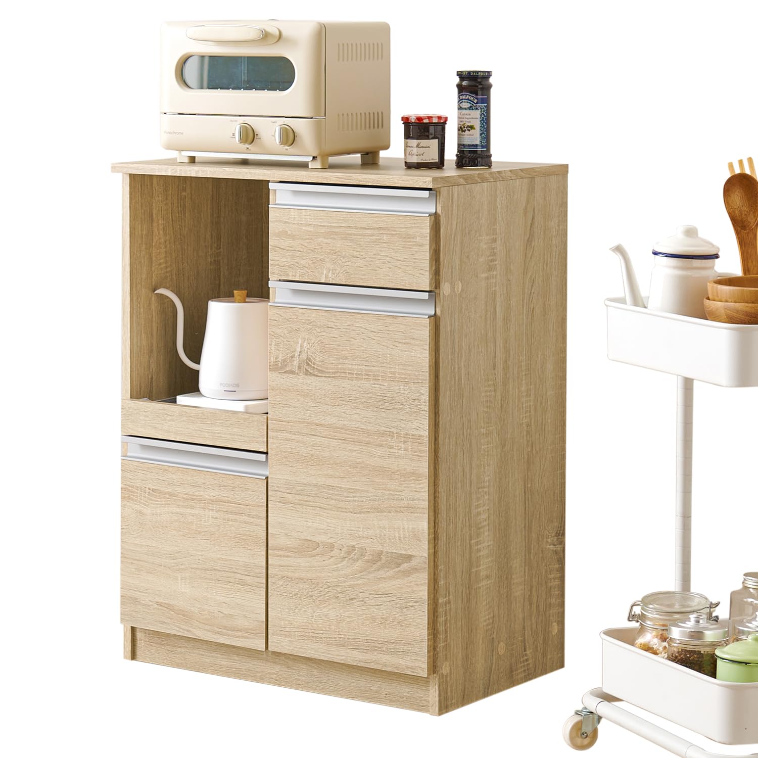 楽天SelectSHOP 岐阜 楽天市場店萩原 レンジボード 幅60 食器棚 キッチンラック レンジ台 作業台 大容量 2口コンセント 扉付き ナチュラル VKC-7142NA