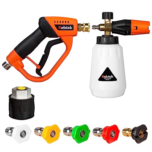 Kebtek 高圧洗浄ショートガン スプレーチップ5個（0~65度） M22 14mm真ちゅう製 ケルヒャー（Karcher）Kシリーズ対応 高圧洗浄ガン 噴射圧力5200PSI 吐出水流60L/min 洗車 フォームガン (5個スプレーチップ＋1Lフォー