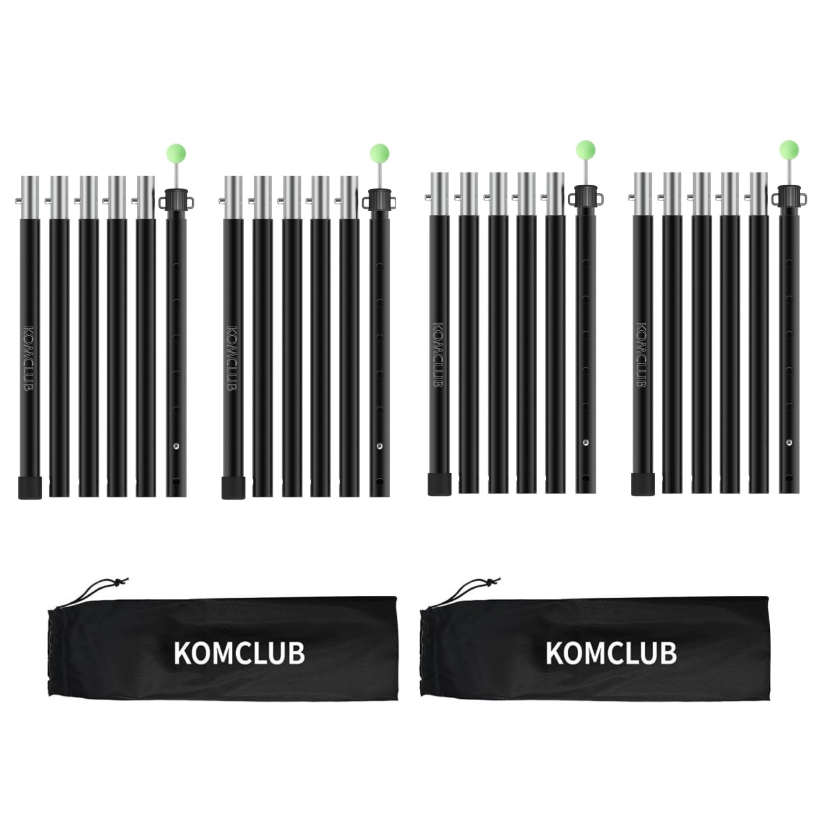 KOMCLUB テントポール タープポール 収納40cm MAX240cm 直径24mm 25段階調節 6節連結 アルミ製 高さ調整可能 プッシュボタン式 組立簡単 収納袋付き 天幕用ポール キャンプ設営用 4本セット