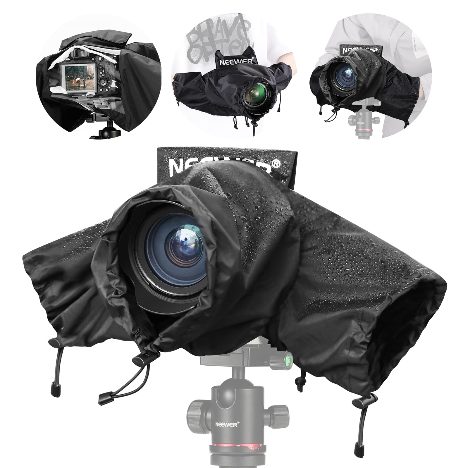 NEEWER カメラレインカバー Lサイズ 丈夫なナイロン製レインコート DSLR ミラーレス Vlog カメラ & 300/400/500/600/800mmのレンズに対応 スリーブ ドローストリング 透明窓 PB004