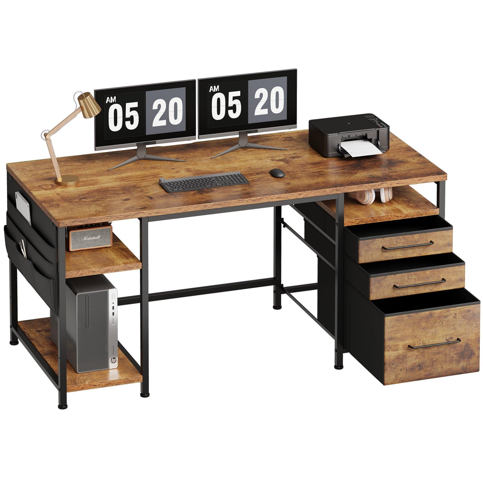 Maihail 机 pcデスク パソコンデスク つくえ ラック付きデスク 幅150cm×奥行50cm 引き出し付き 在宅ワーク デスク オフィスデスク 勉強机 学習机 テレワーク ビンテージ+ビンテージ