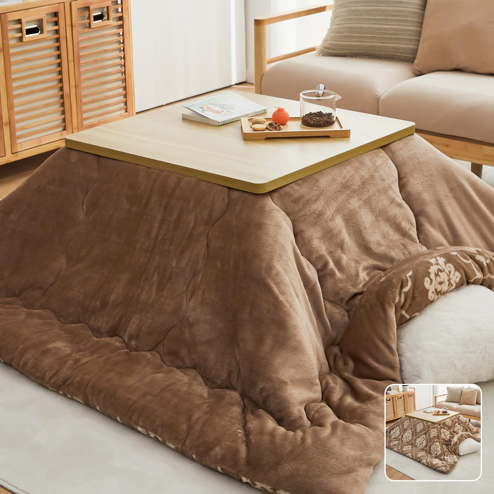 OIGAE こたつ布団 正方形 コタツ布団 185×185cm 掛け単品 洗える こたつふとん リバーシブル 発熱綿を使用 SEK抗菌防臭 静電気防止 撥水加工 暖かい フランネル 保温 毛抜けない 冬用 コタツふとん 両面・ダマスクブラウン