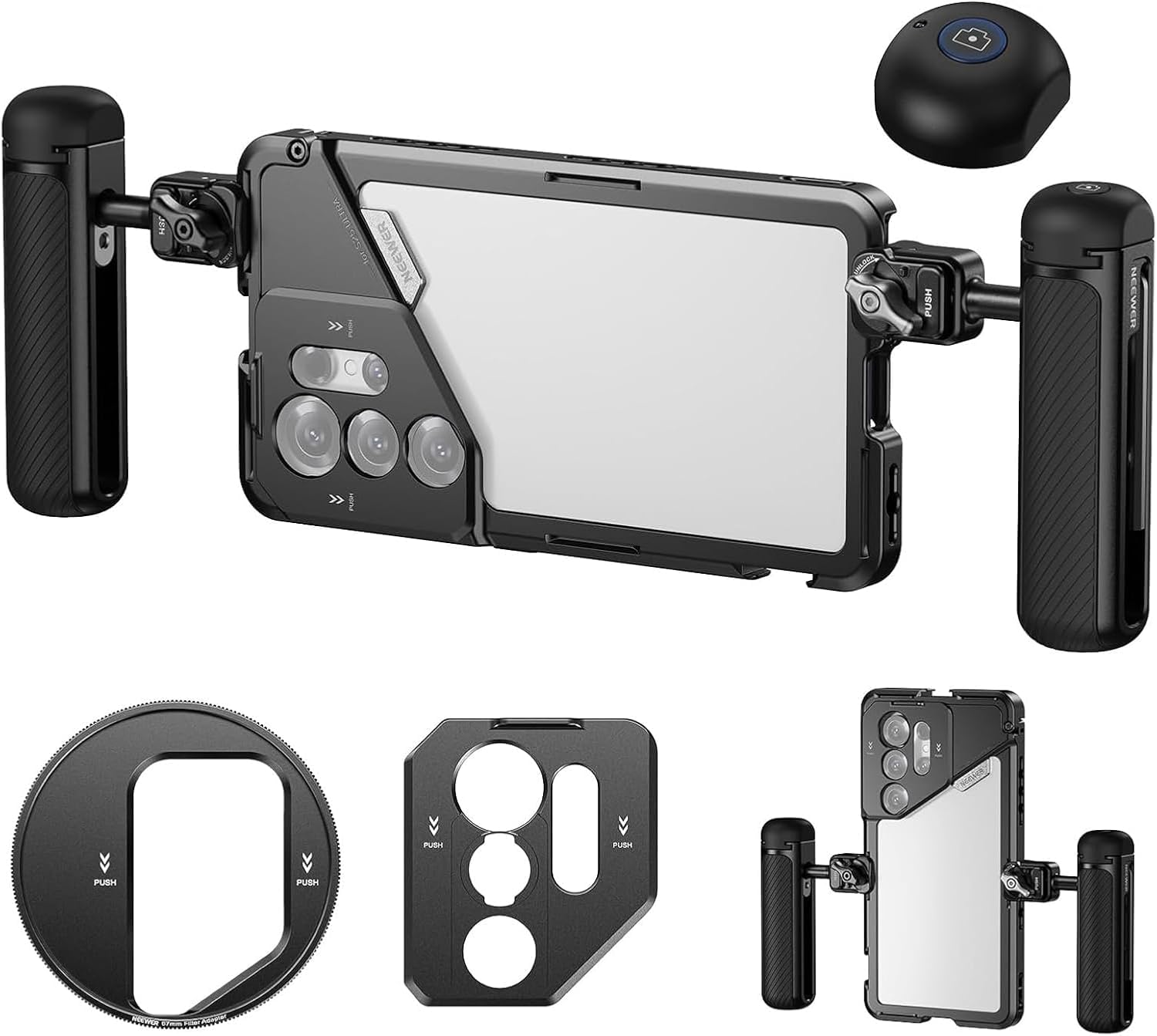 NEEWER スマホケージ コンパチブル Galaxy S25 Ultra スマホホルダー 2個サイドハンドル/67mmフィルターアダプター/17mmレンズバックプレート/Tマウントアダプター付き ビデオリグ スマホスタビライザー 録画撮影用 PA082