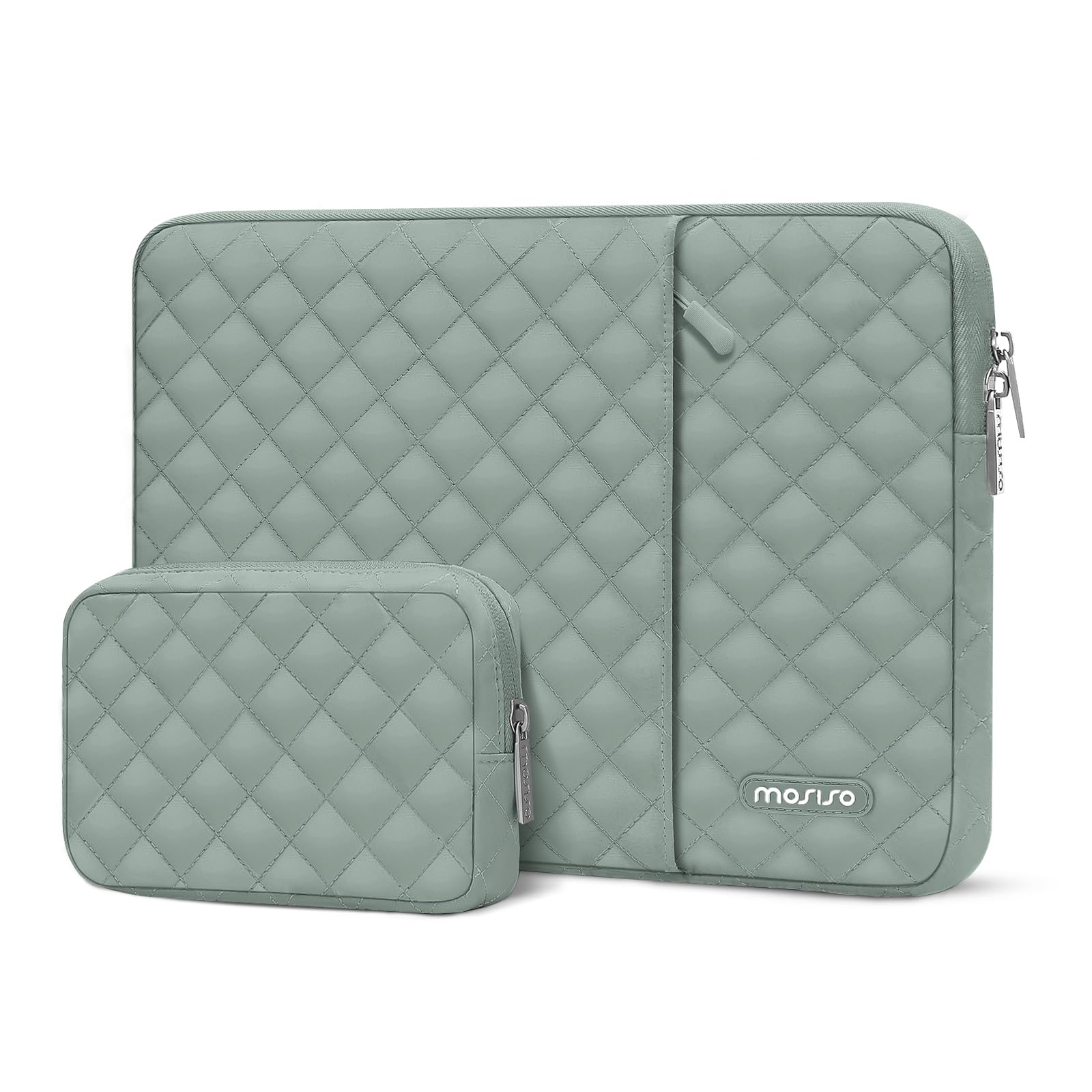 MOSISO パソコンケース 13.3インチ、13-13.3インチ ノートPC 対応機種 MacBook Air/Pro 13/Pro 14、ポケット & 収納ポーチ付き 正方形のキルティング PCケース バッグ(レトロ グリーン)