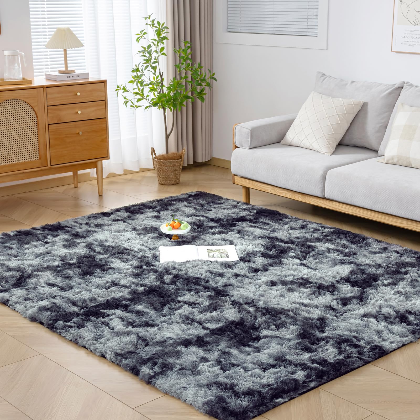 Rakuten - Keusnix ラグ カーペット ラグマット ふわふわ シャギーラグ 120x160cm 絨毯 滑り止め付 洗える 肌触り優しい 防ダニ 抗菌 防臭 オールシーズン快適に使用 床暖房 ホットカーペット対応 ブラックグレー