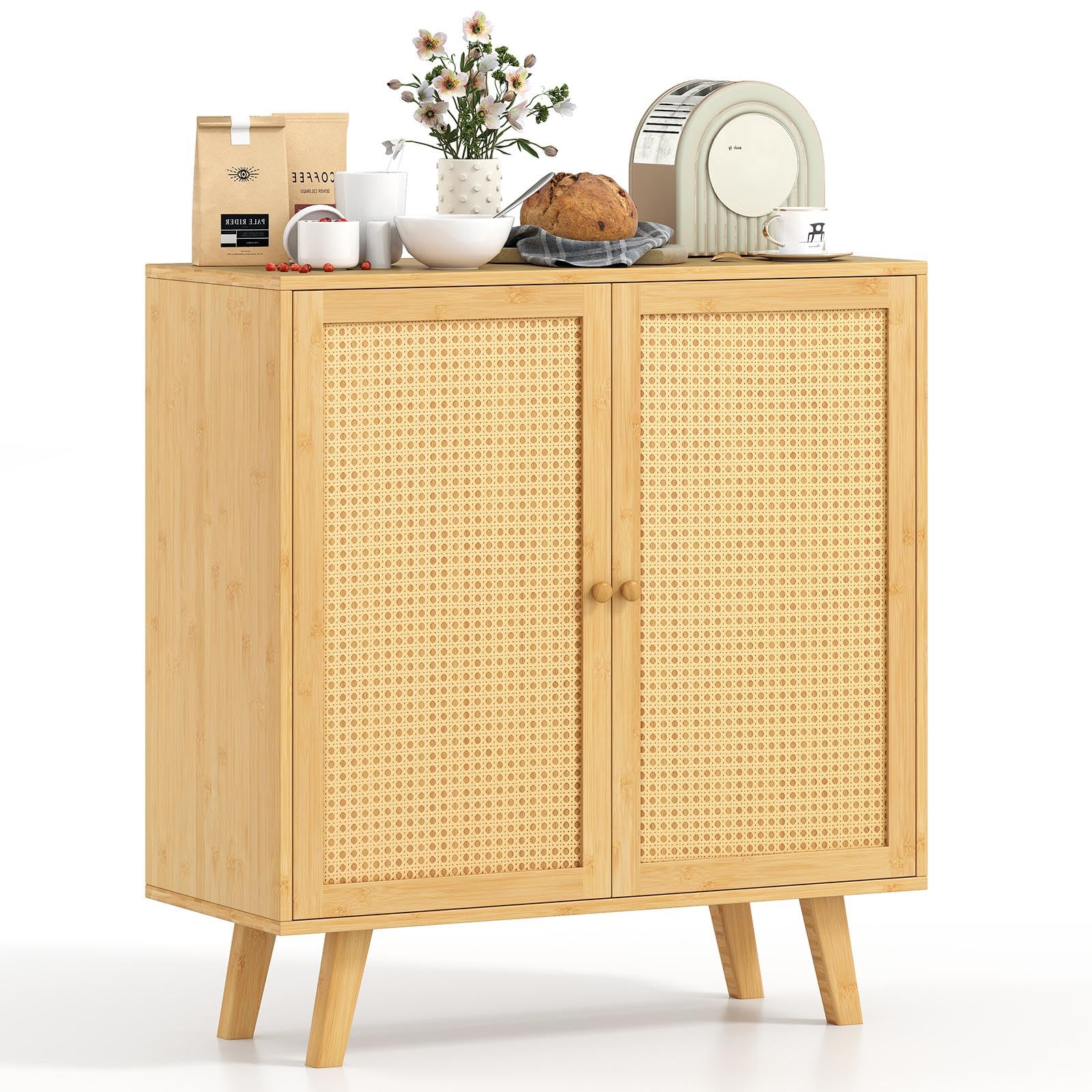 Giantex キャビネット 竹製 サイドボード マグネット式ドアキャッチ ラタン調 幅80×奥行 34.5×高さ85cm..