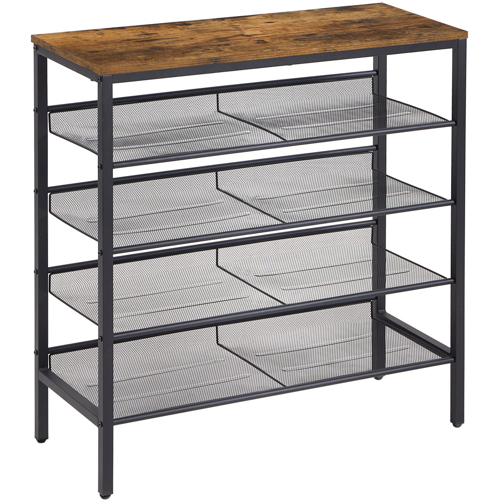 YMYNY シューズラック 5段 メッシュ棚 靴棚 下駄箱 オープンラック 16足用 大容量 通気 木製天板 サイドテーブル 靴収納 靴置き 玄関テーブル W75.5×D30×H87cm 茶色 JPHTMJ083H