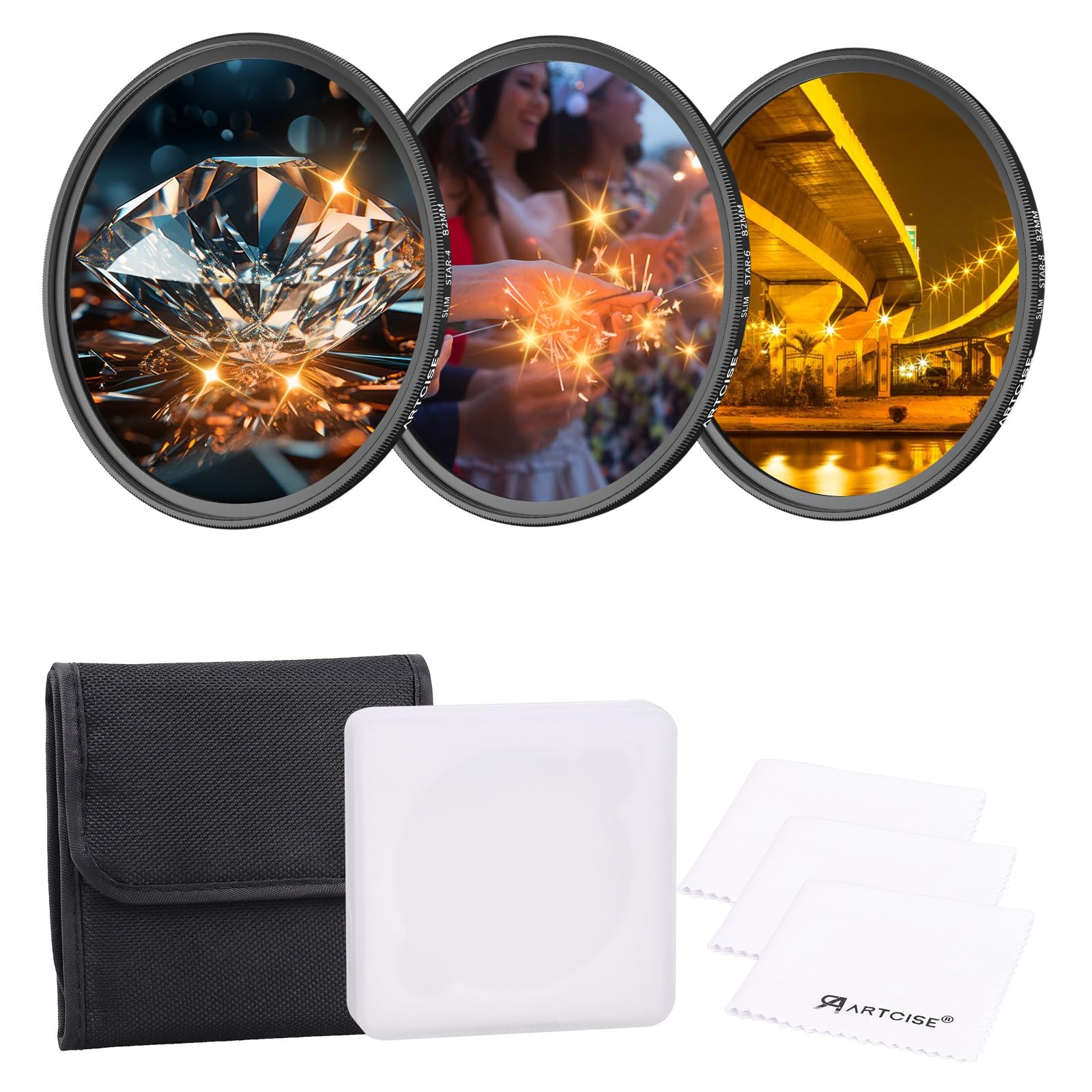 ARTCISE クロスフィルター 39mm 3枚セット（4本線・6本線・8本線） 星光効果Filter 光条フィルター 夜..