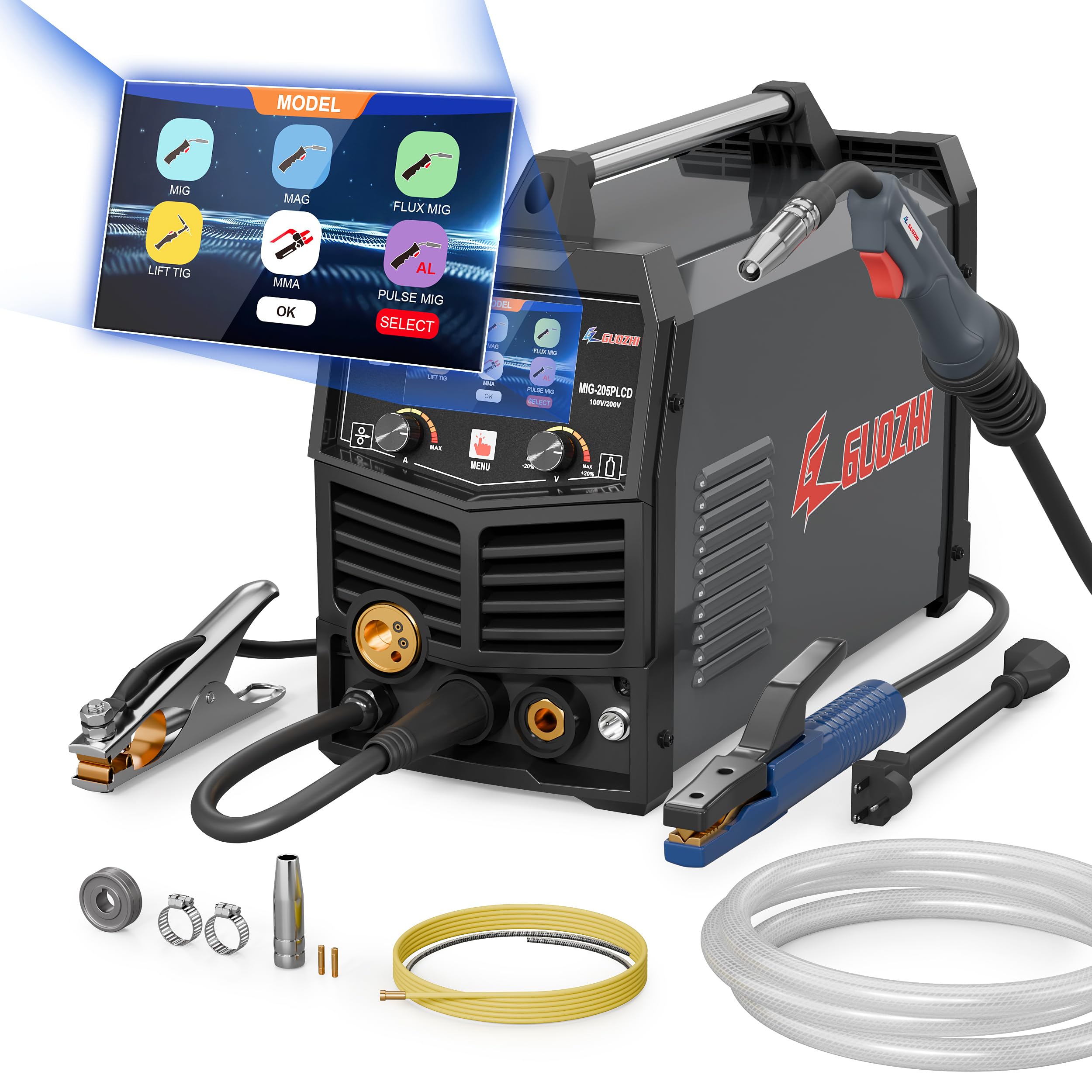 GZ GUOZHI 溶接機 半自動 100v 200V 兼用 205A アルミ溶接機 TIG溶接機 MMA/アーク溶接 ガス&ノンガス スプールガン溶接 ワイヤー溶接 パズル溶接 1台7役 多機能MIG溶接機 インバーター直流 半自動溶接機 定格使用率 6