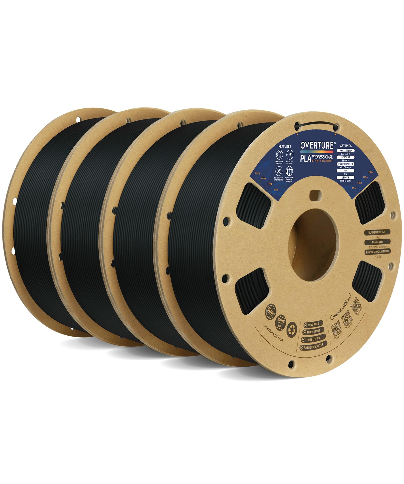 Rakuten - OVERTURE PLA+ フィラメント 1.75mm プロフェッショナル タフネス強化 PLA ロール、プレミアム PLA 4kg(8.8lbs)（Black 1kg*4）