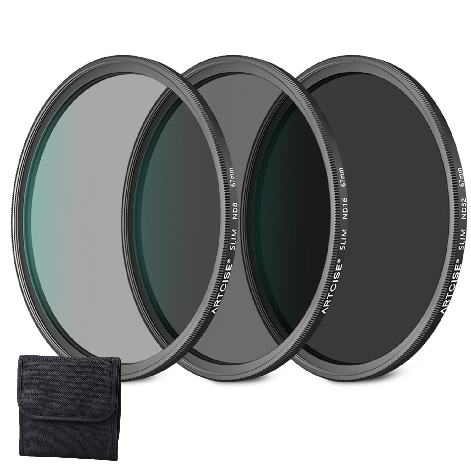 ARTCISE NDフィルターセット (ND8+ND16+ND32) 67mm 多層コーティング 超薄フレーム 高透過率99.5% 減光フィルター3枚組 専用収納ポーチ付 風景/動画/長時間露光対応 一眼レフ ミラーレス用 (67mm)
