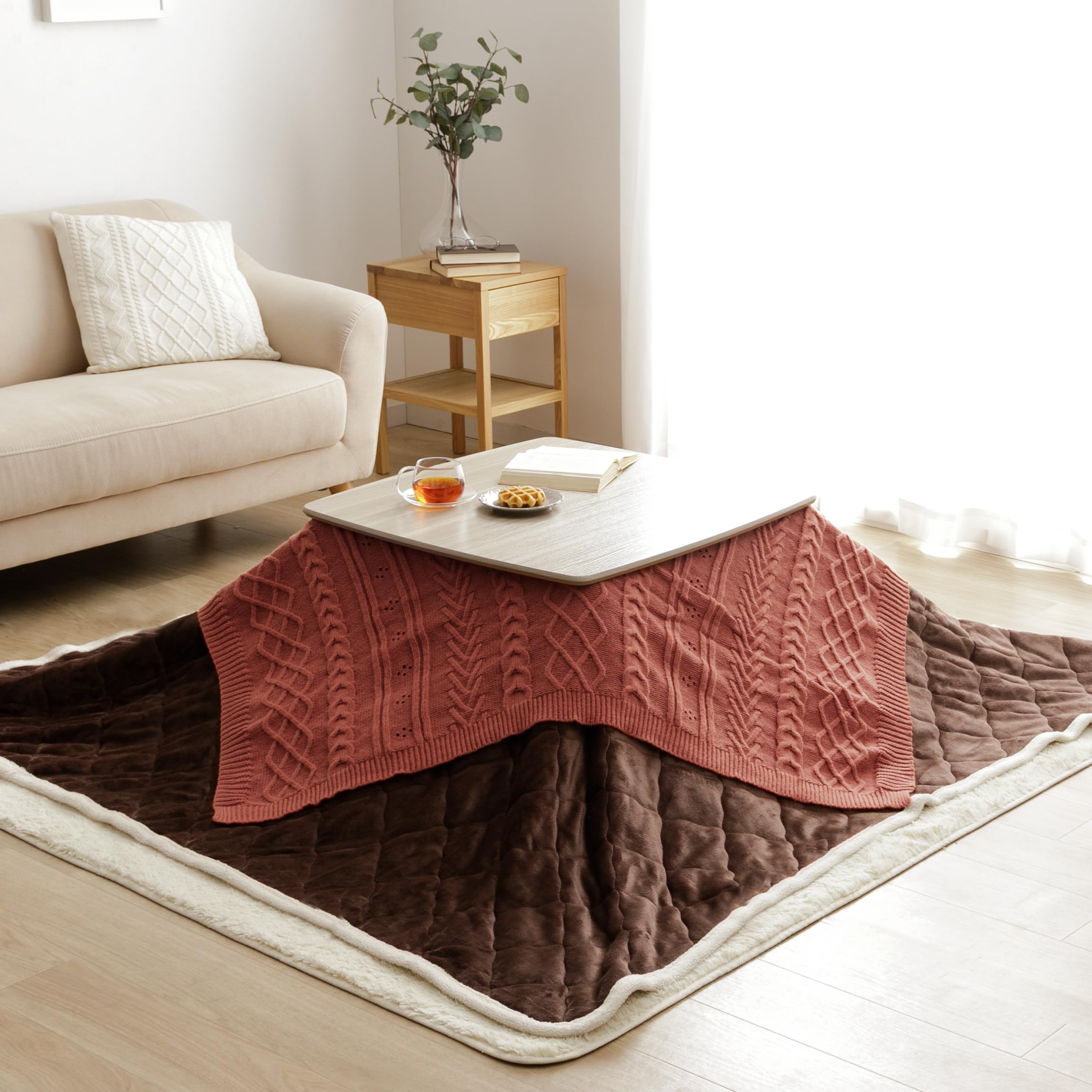 イケヒコ こたつ用サロン こたつ 上掛け カバー アラン 約130×130cm オレンジ アクセント おしゃれ 北欧 こたつ布団カバー 正方形 洗える サロン 秋冬 ブランケット #1182520207898