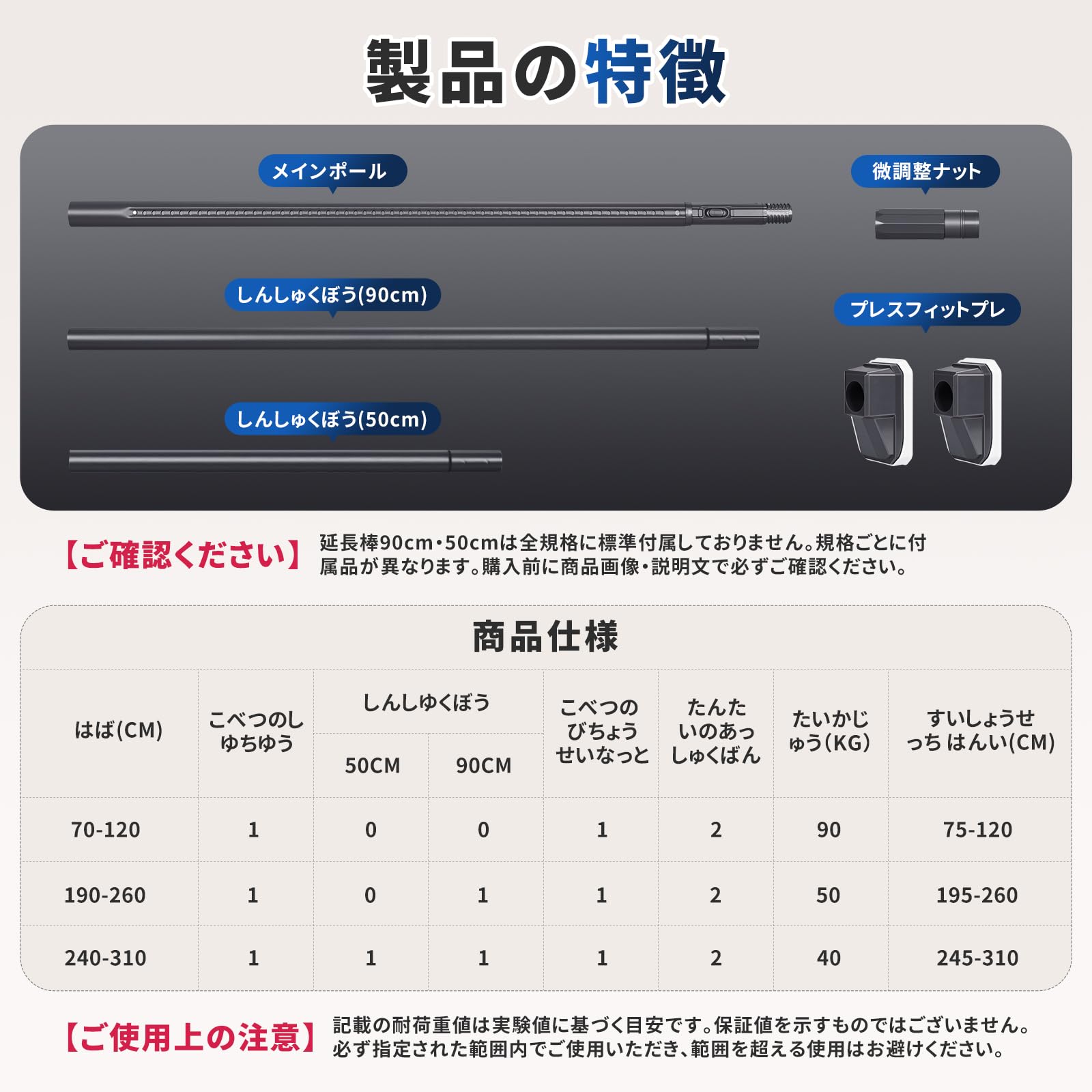LOOBANI 強力突っ張り棒 つっぱり棒 ステンレス 強い負荷 伸縮棒 幅50-280cm 滑り止め ドリル不要 クローゼットロッド カーテンロッド 洗濯干し 布団干し 物干し竿 室内 屋外 (ガンメタル, 240-310cm)