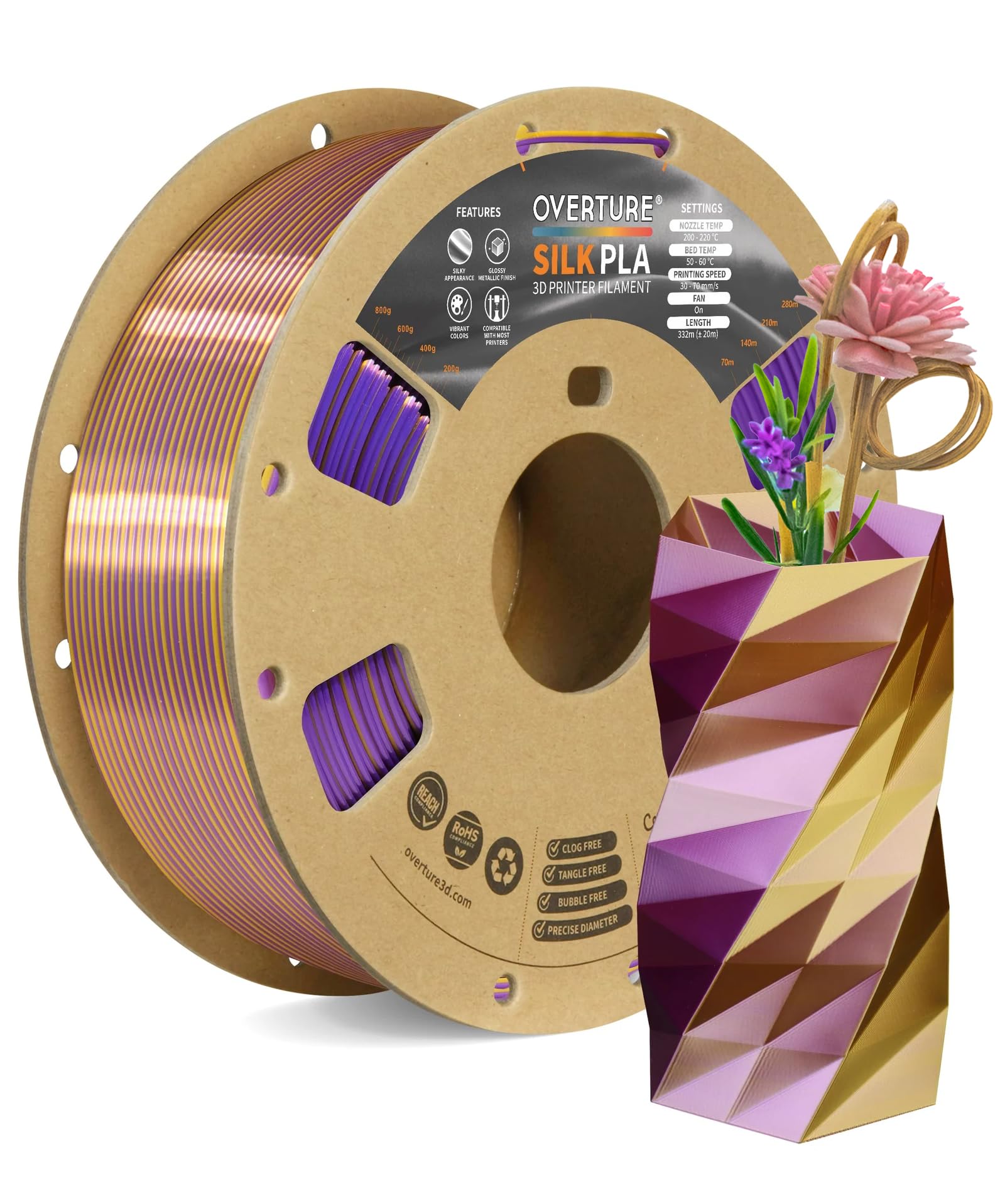 OVERTURE Silk PLA 1.75mm 詰まり防止光沢 3Dプリンターフィラメント、1kg スプール (2.2ポンド)、寸法精度 +/- 0.02 mm、ほとんどの FDM プリンターに適合（SILK パープル・ゴールド）