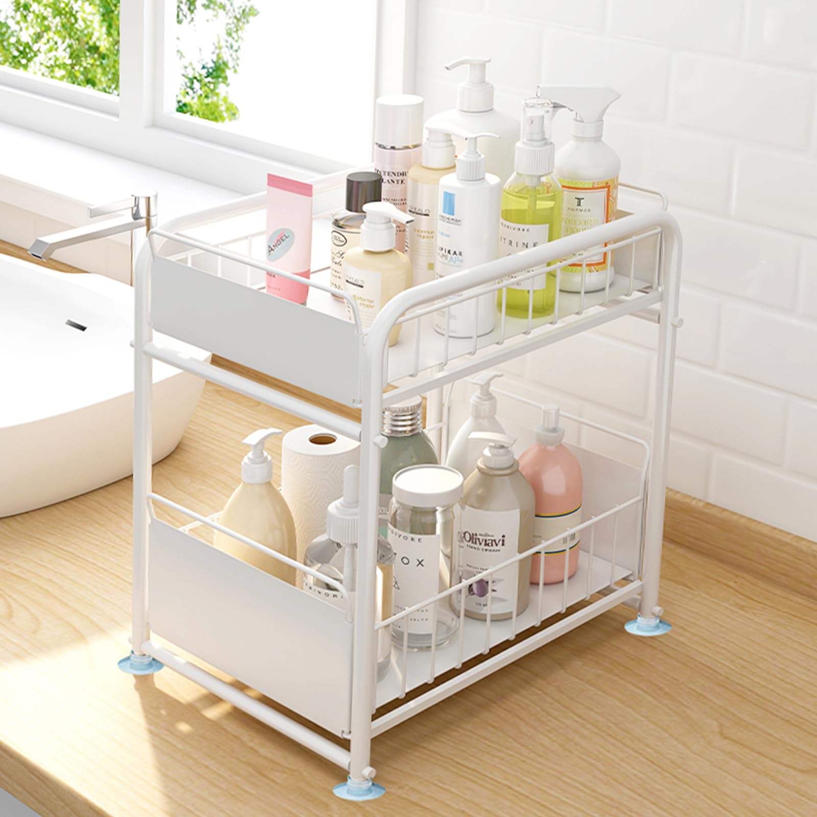 YHANEC【スライド可能】シンク下ラック 収納 スライド 2段 幅23×奥行36×高さ40cm キッチン下収納 シート付き キッチン収納ラック 棚 台所 流し台 洗面台下 整理整頓 組立簡単 大容量 安定感 キッチンストッカー スリム 省スペース 北欧