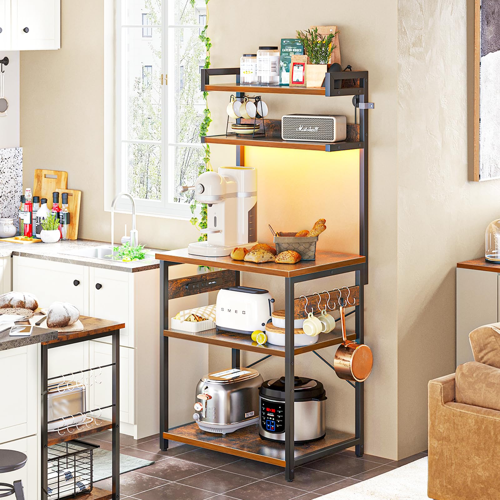 楽天SelectSHOP 岐阜 楽天市場店KKL キッチンラック レンジラック キッチン棚 レンジ台 キッチン収納 食器棚 5段式 棚の高さ調整可能 幅60cm 奥行40cm 高さ150cm コンセント付き USBポート付き led付き S型フック キッチン（ビンテージ）