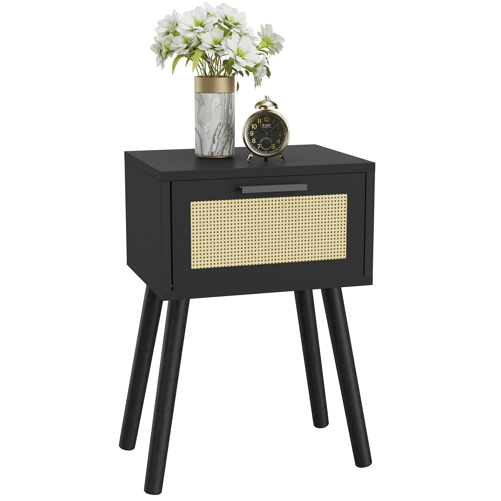 YMYNY ナイトテーブル サイドテーブル 籐編み前板 MDFボード 木目調 ラタン風 木製 脚付き おしゃれ 簡..