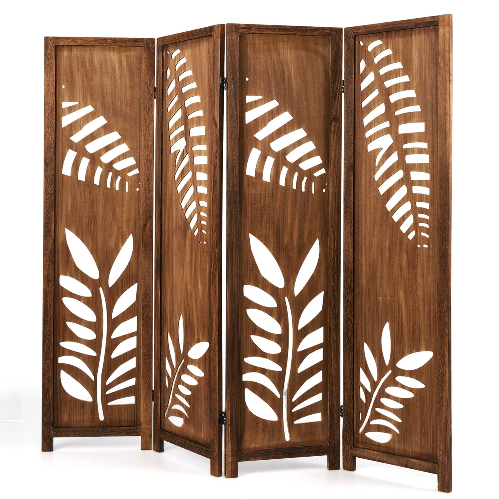 GYMAX パーテーション 4連 折りたたみ 桐木製 幅160 x奥行2 x高さ170 cm 間仕切り おしゃれ 葉型デザイン ボヘミアン調 おしゃれ 天然木 2段ヒンジで角度自由調節 組立不要 コンパクト収納 リビング 書斎 オフィス 和室 レストラン