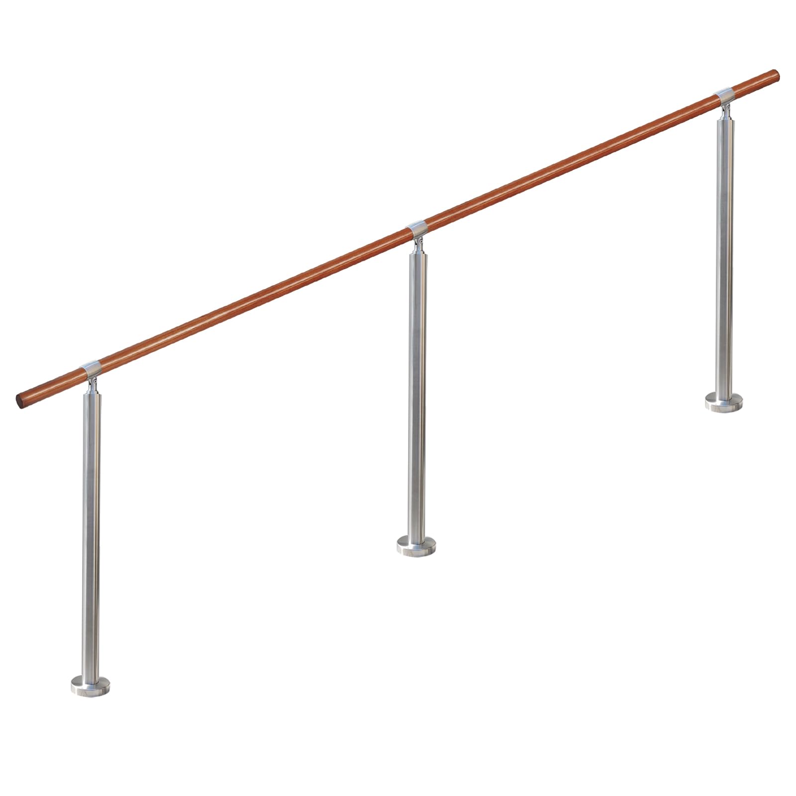 YHEYSMUX 240 cm 屋内 屋外 階段 手すり 茶色 無垢材の手摺り ブナ丸棒 304ステンレス鋼 DIY 玄関 廊下 庭 角度調整可能 簡単な取り付け 外径35 mm 銀