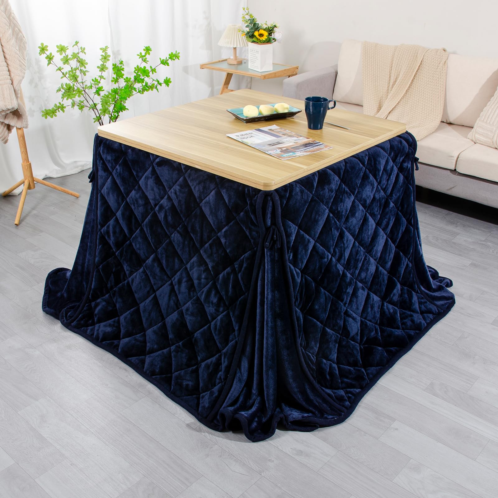 JEMA ハイタイプ こたつ布団 単品 ダイニングこたつ布団 テーブル用こたつ布団 ダイニングコタツ布団 省スペース 長方形 掛け布団 こたつ掛け布団 吸湿発熱 洗える ふわふわ感触 無地 フランネル素材 ネイビー 約240x265cm