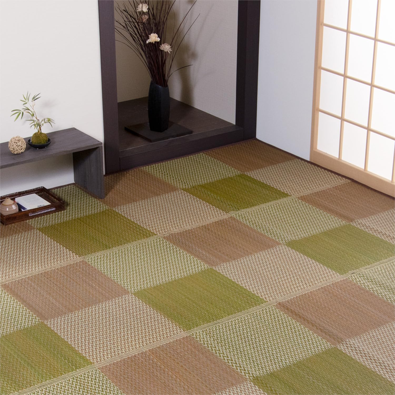 イケヒコ い草 自然素材 ラグ カーペット 花ござ 裏張りなし 長方形 単品 ピーア ブラウン 約170×255cm 団地間3畳 中国製 抗菌 防臭 ヒバ加工 汚れにくい 両面使える 洗濯不可 市松柄 和モダン アジアンテイスト シンプル おしゃれ #10