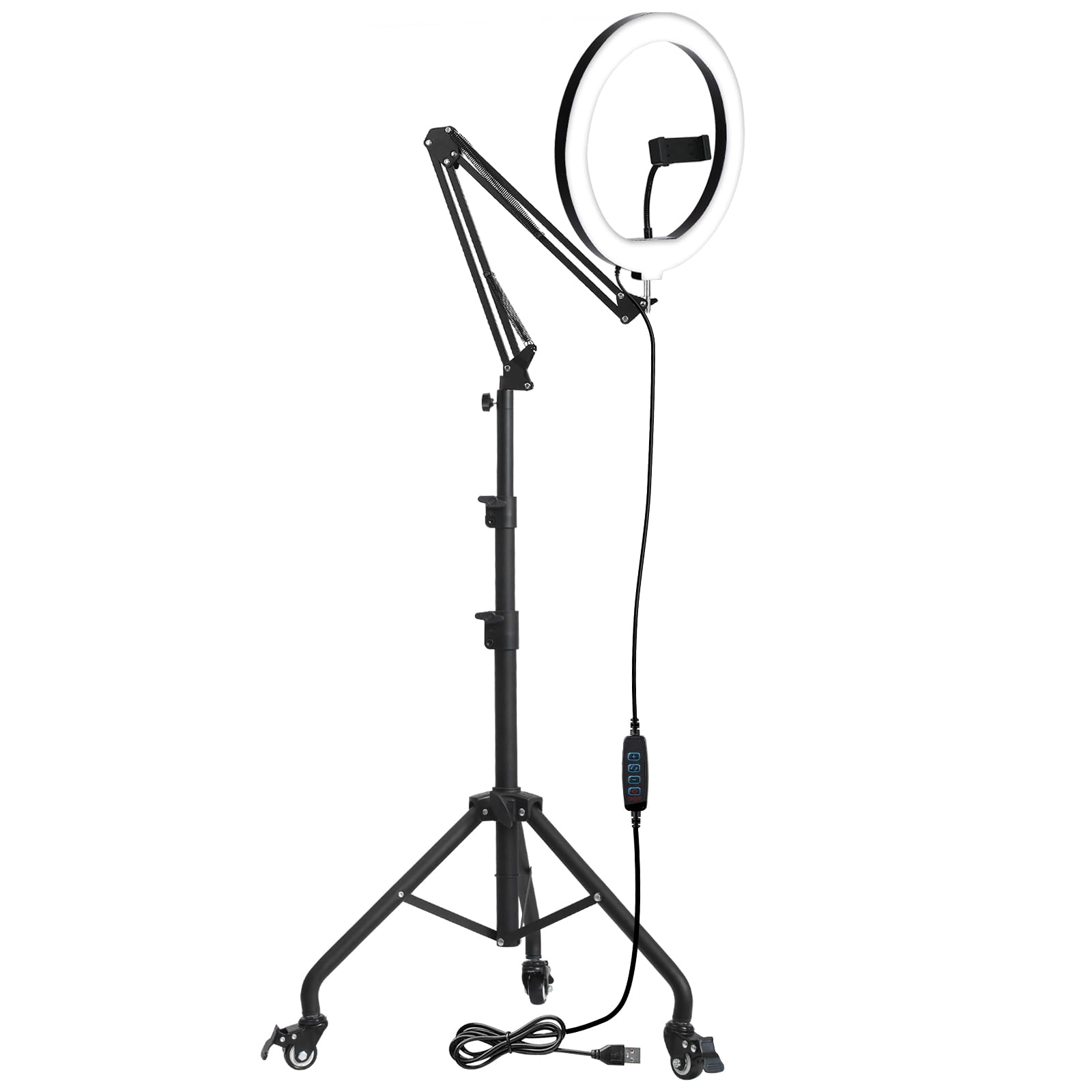 Yoobao LEDリングライトアーム式キャスター付き俯瞰撮影三脚ライト手元撮影真上から物撮り影がなし配信用ライト12インチ160電球高輝度3色モード10段階調光女優ライト撮影用ライト自撮りライト照明補助光 スマホスタンドUSB給電ビデオライト化粧YouT
